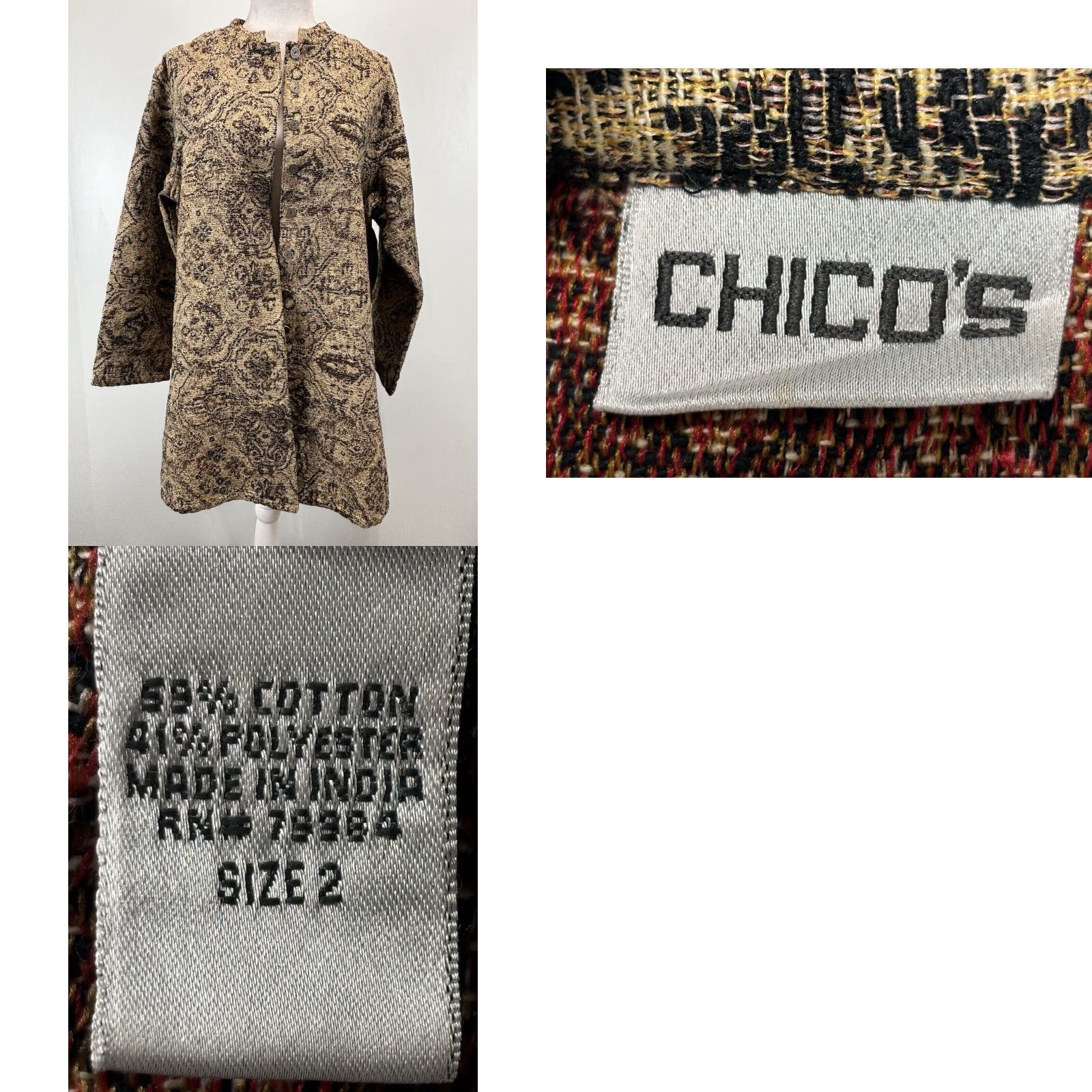 Vintage Chicos Jacket Brown and Black Tapestry Cotton Blend Band Collar Womens Large Size L Regular Size L / US 10 / IT 46 - 8 Thumbnail