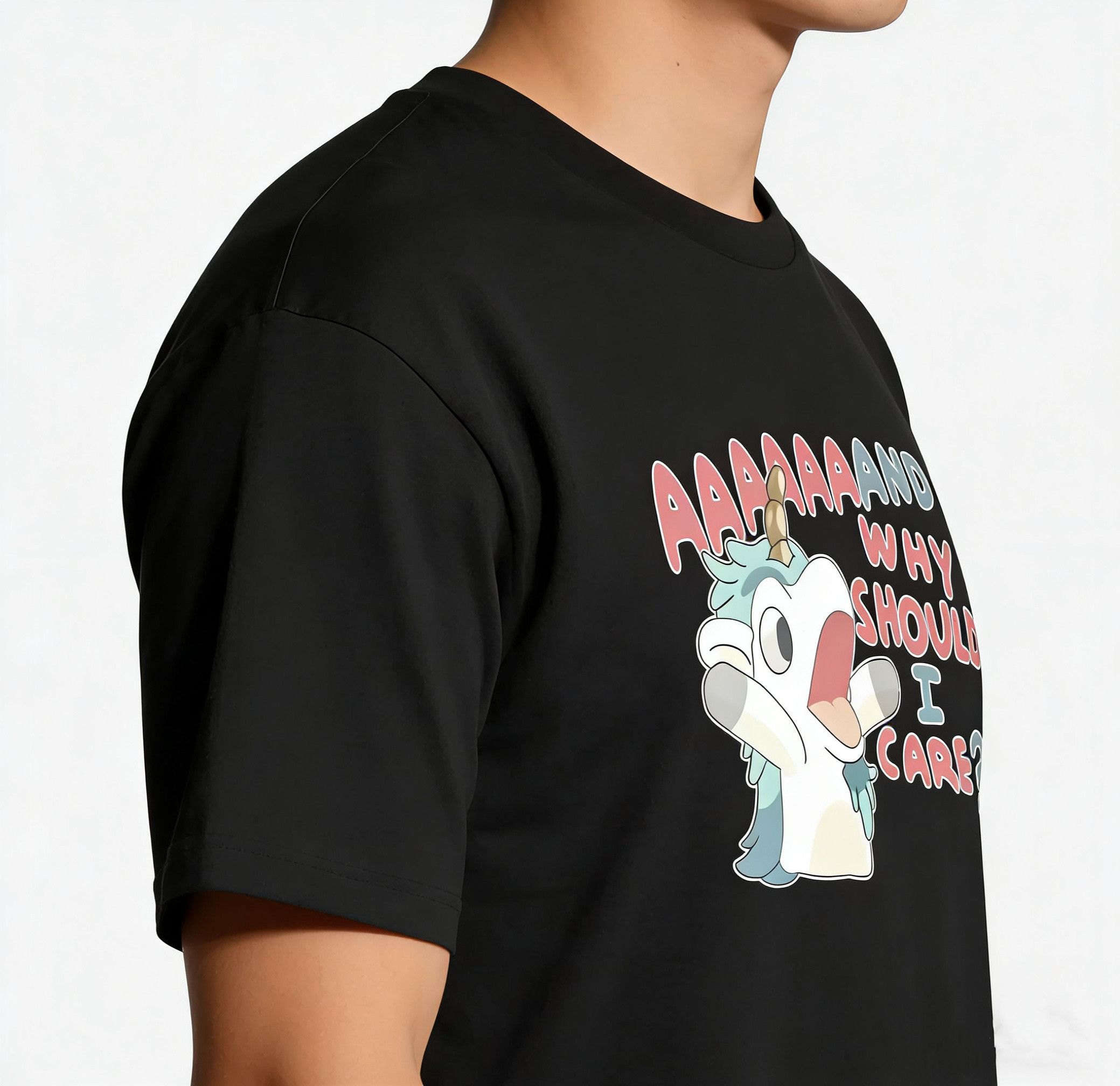 Other Street Y2K Eye Catch Funny Unicorn Dont Care Black T-Shirt Size US XL / EU 56 / 4 - 2 Thumbnail