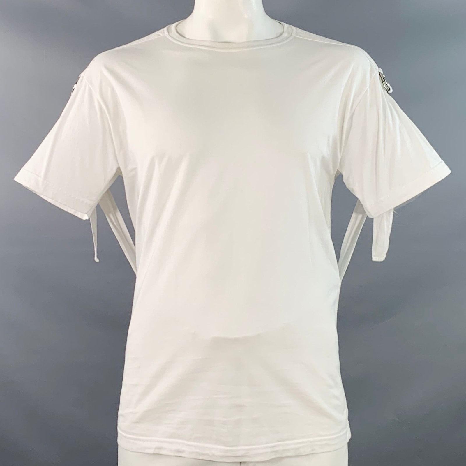Size L White Cotton Jersey Crew Neck Straps Bondage T-shirt