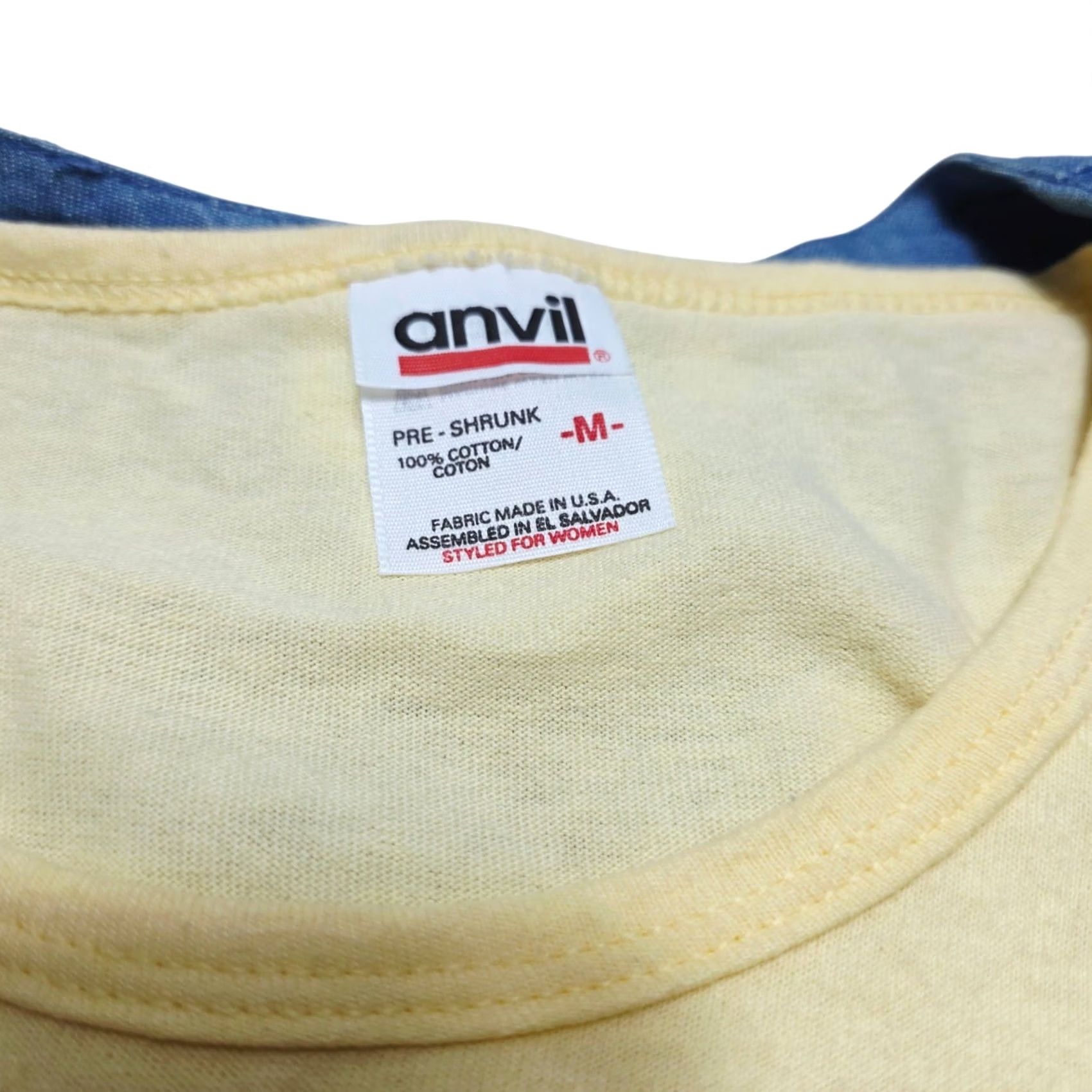 Anvil VINTAGE Bee Women’s T-Shirt Denim Vest Combo Small/Medium Yellow Blue 90's T-Shirt Women’s Size M / US 6-8 / IT 42-44 - 4 Thumbnail