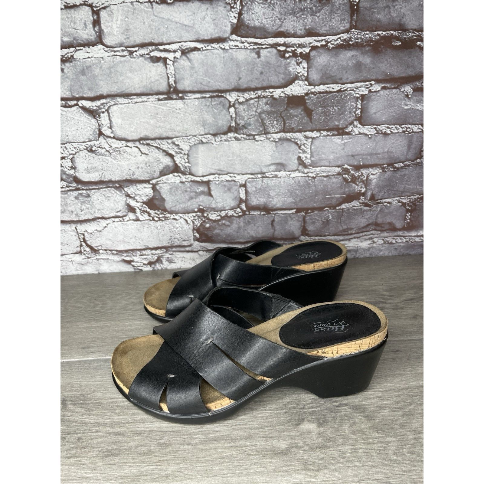 Bass G.H. Bass & Co. MaryAnn Black Leather Wedge Slip On Sandals Size US 8 / IT 38 - 16 Thumbnail
