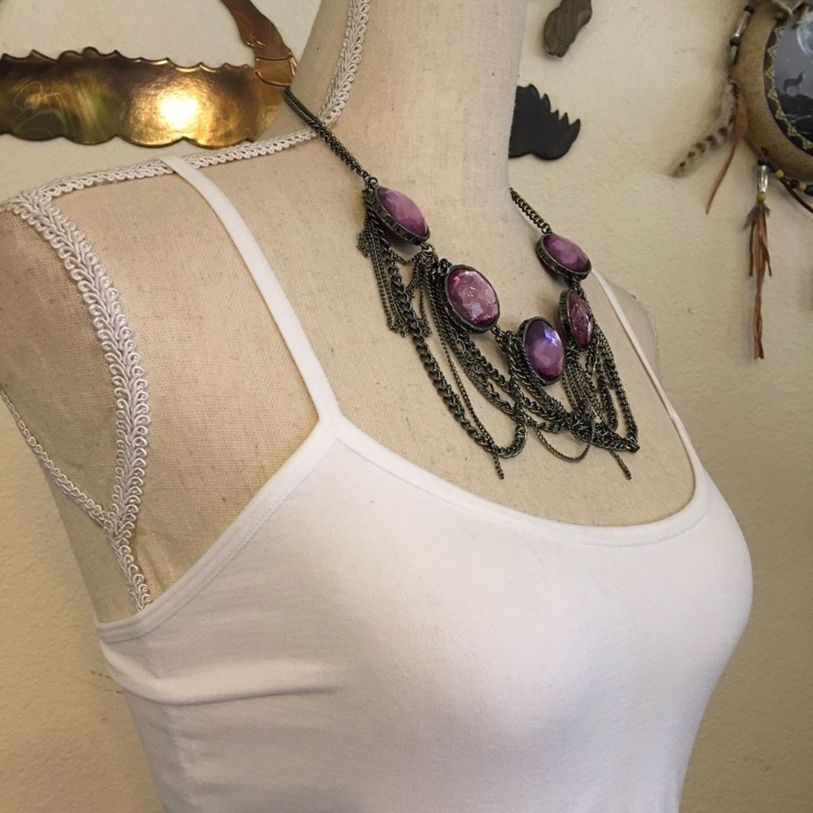 Jewelry Purple glass cabochon chrome chandelier necklace Size ONE SIZE - 2 Thumbnail
