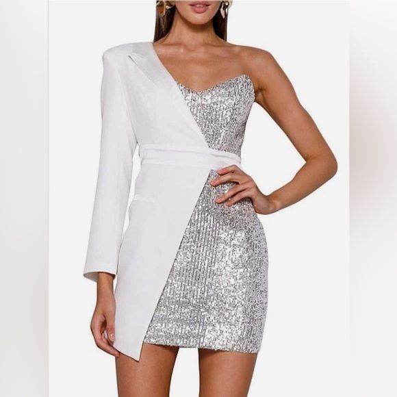 image of Rtr Elle Zeitouneone Shoulder Sequin Mini Size Xs Wedding Prom in White/Silver, Women's