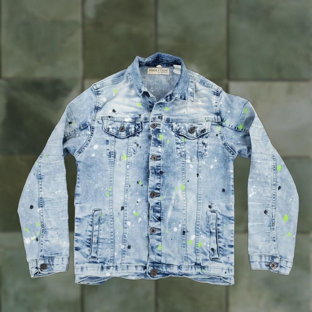 Vintage Evolution In Design Blue Acid Wash Paint Denim Jacket Youth XL 18-20 Long Sleeve Button Down Casual Kids Size US XL / EU 56 / 4 - 1 Thumbnail