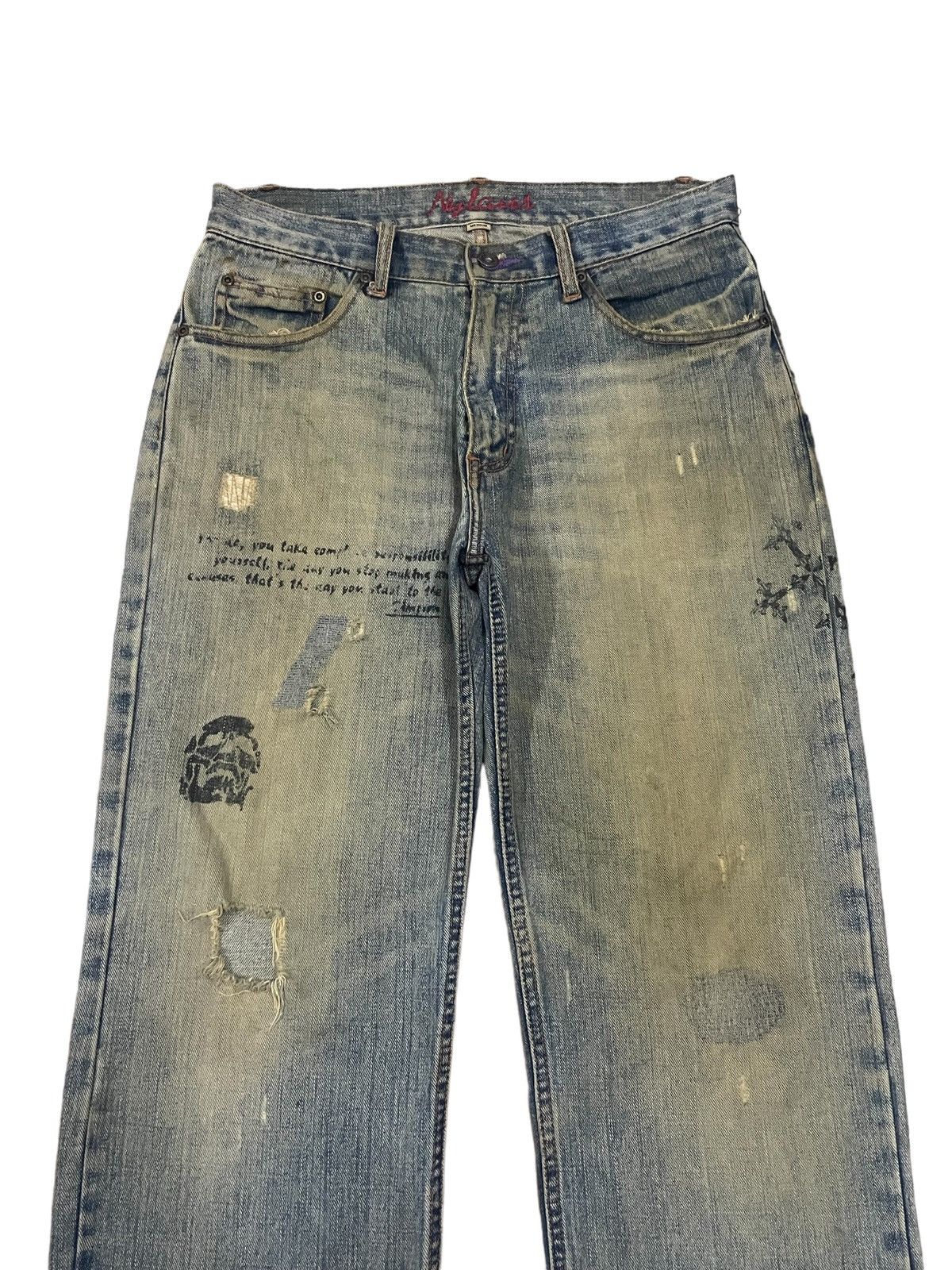 If Six Was Nine Nylous Skull & Cross Design Mud Wash Punk Ripped Loose Jeans Size US 32 / EU 48 - 6 Thumbnail