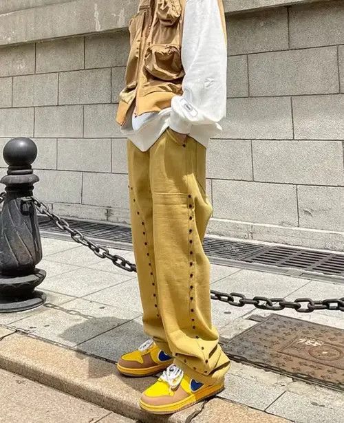 image of Khaki Rivet Wide Leg Twill Pants, Men's (Size 32)