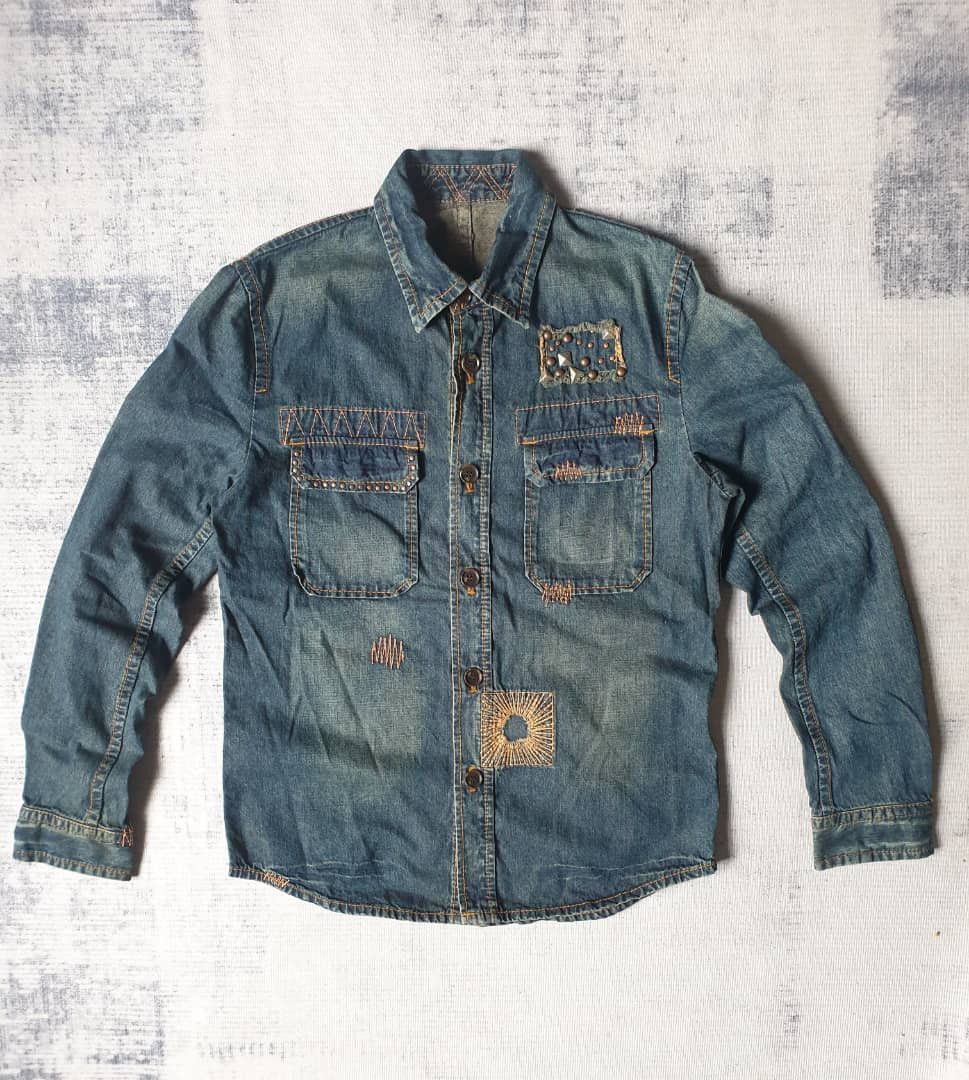 Japanese Brand 💥291295=Homme distressed patchwork Japanese chambray shirt Size US M / EU 48-50 / 2 - 1 Thumbnail