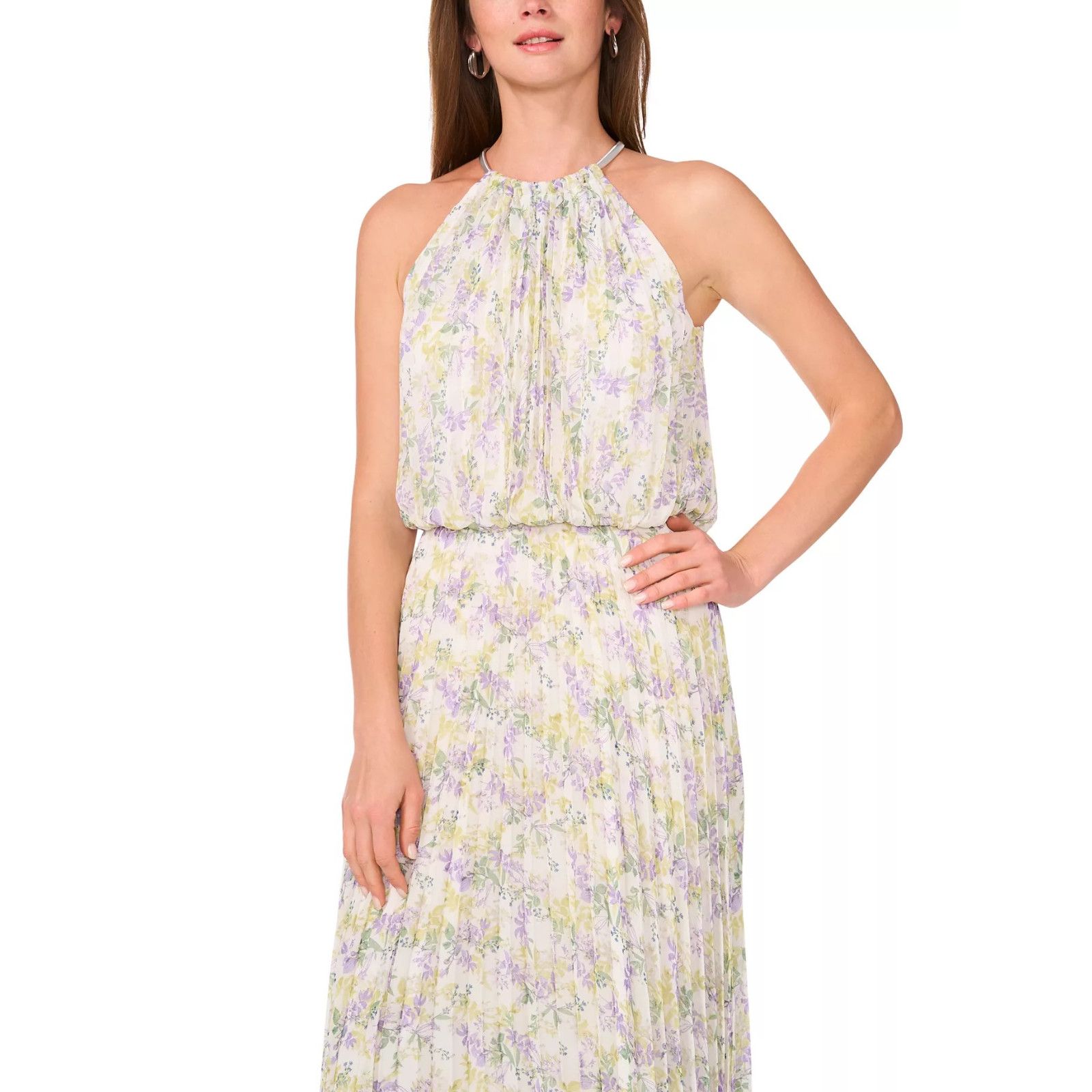 Other MSK Women's ivory Bloused-Waist Pleated Floral-Print Dress Size XL / US 12-14 / IT 48-50 - 3 Thumbnail