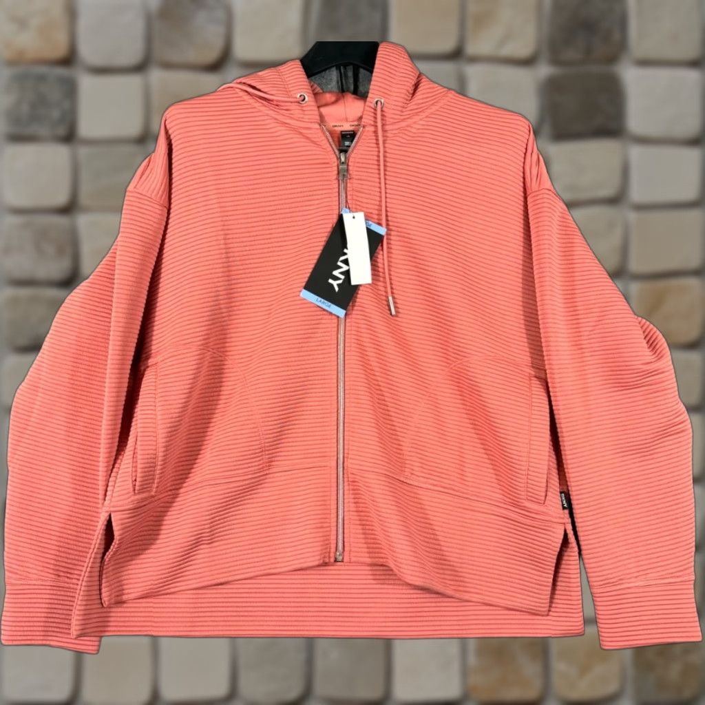 DKNY DKNY Ottoman Full-Zip Hoodie Womens L Faded Rose Ribbed Stretch Pockets NWT Size L / US 10 / IT 46 - 1 Thumbnail