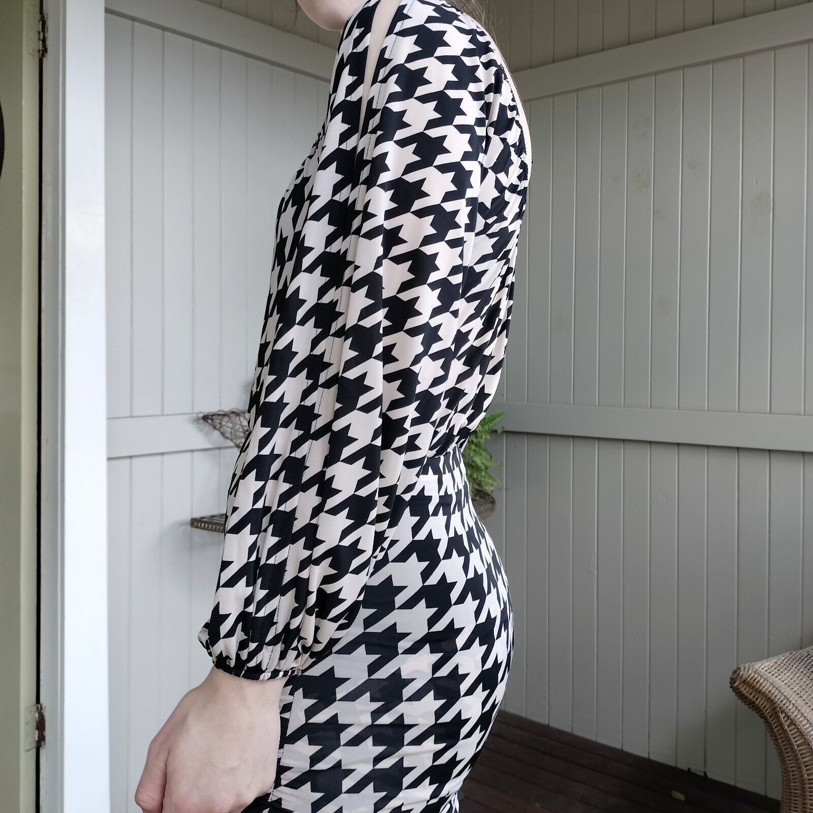 Other Vintage Y2K 2000s Dress Cream Black Mini Bodycon Houndstooth Size M / US 6-8 / IT 42-44 - 6 Thumbnail