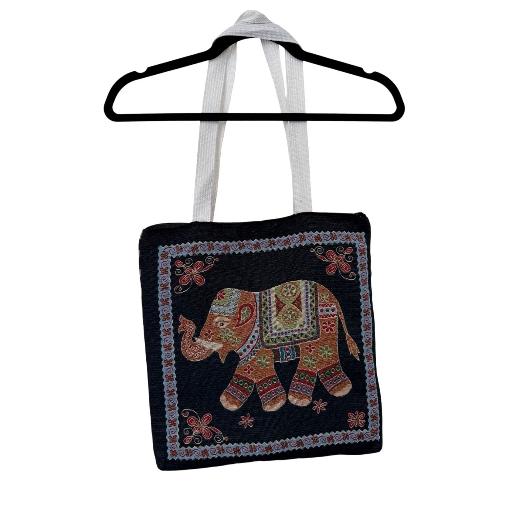 Vintage Independent 14" x 14.5" Black / Navy Embroidered Thai Elephant Zip Bag Shoulder Bag Women White Handles Size ONE SIZE - 2 Thumbnail