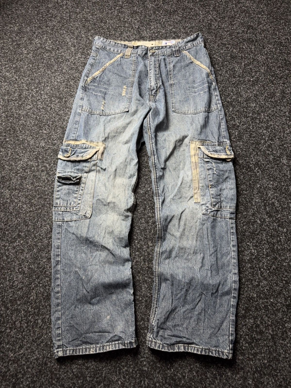 Japanese Brand Vintage 00s Denim Cargo Jeans Y2K Distressed Workwear Baggy Size US 31 - 1 Thumbnail