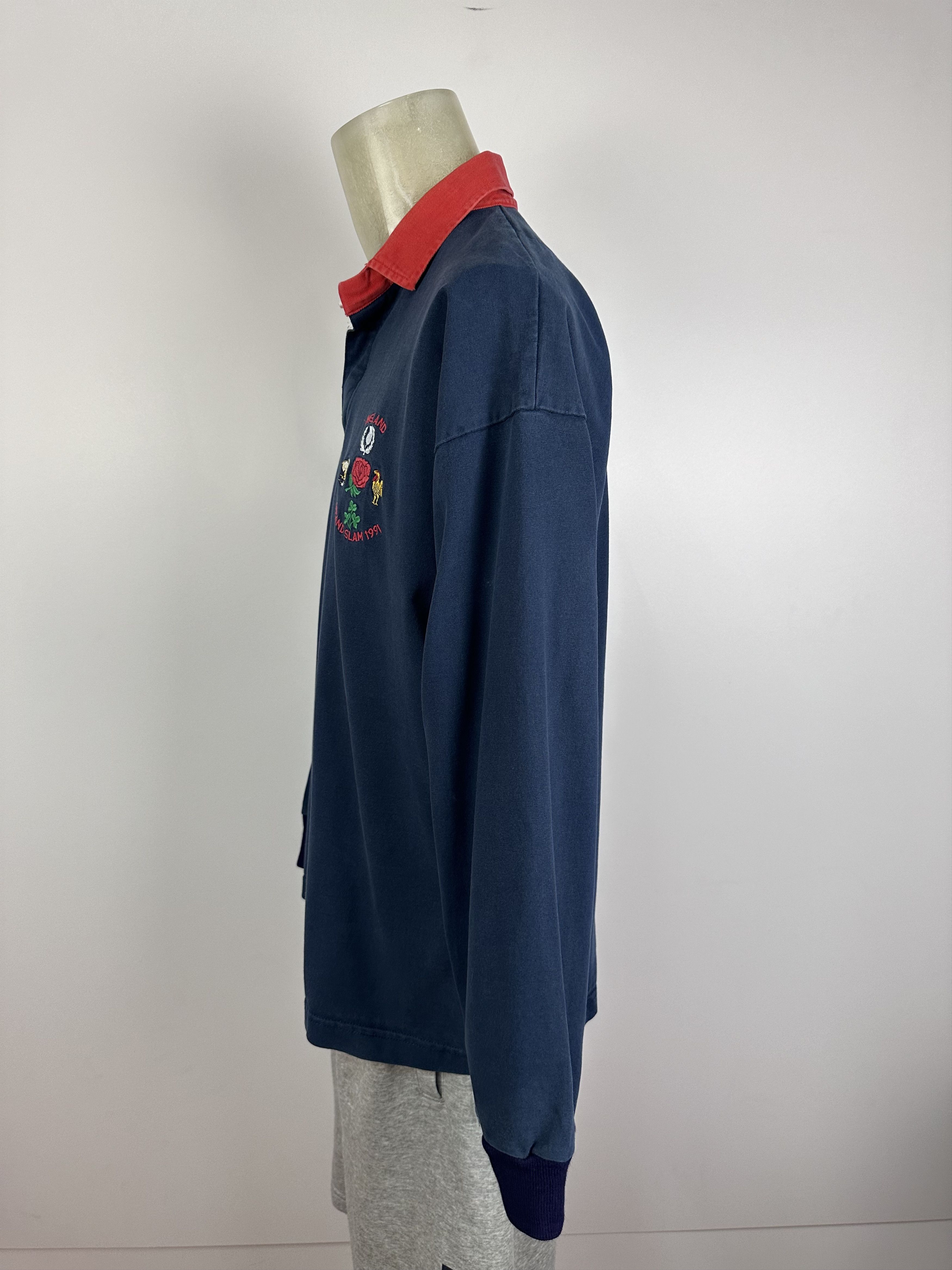 Vintage 1991 1992 England Grand Slam Rugby Union Shirt Jersey Blue Size US L / EU 52-54 / 3 - 5 Thumbnail