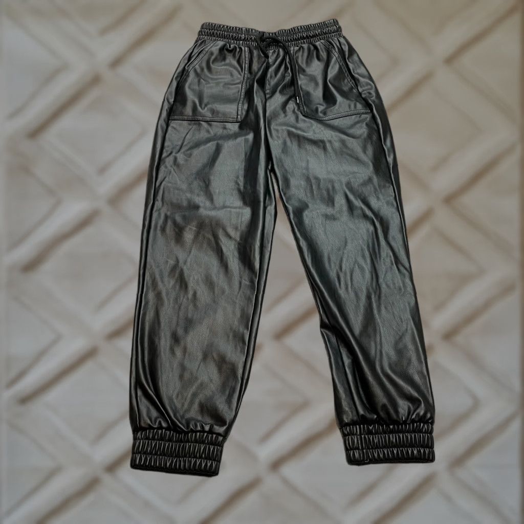 BCBGeneration BCBGGeneration Jogger Pants Womens XS Black Faux Leather Stretch Taper 24x26 Size 42" / US 20 - 1 Thumbnail