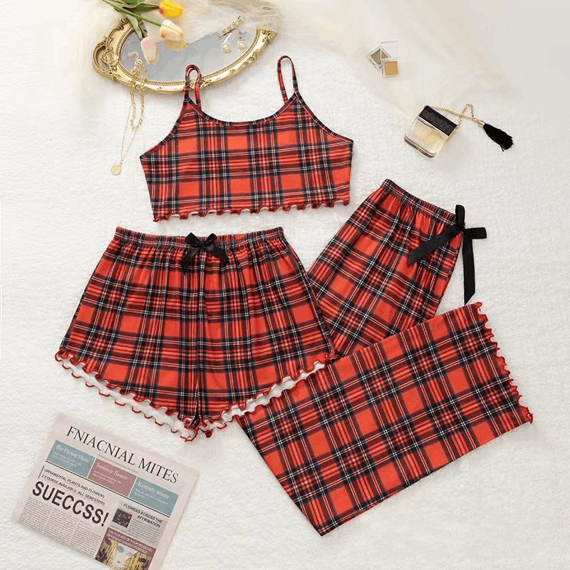 Other Plaid Pajamas Three-piece Women's Spring n Autumn Home Wear Size L / US 10 / IT 46 - 1 Thumbnail