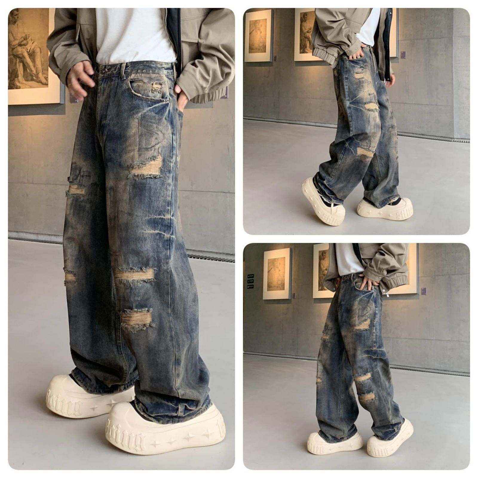 Vintage Distressed Wide Leg Denim Jeans, Baggy Fit Jeans Size US 30 / EU 46 - 5 Thumbnail