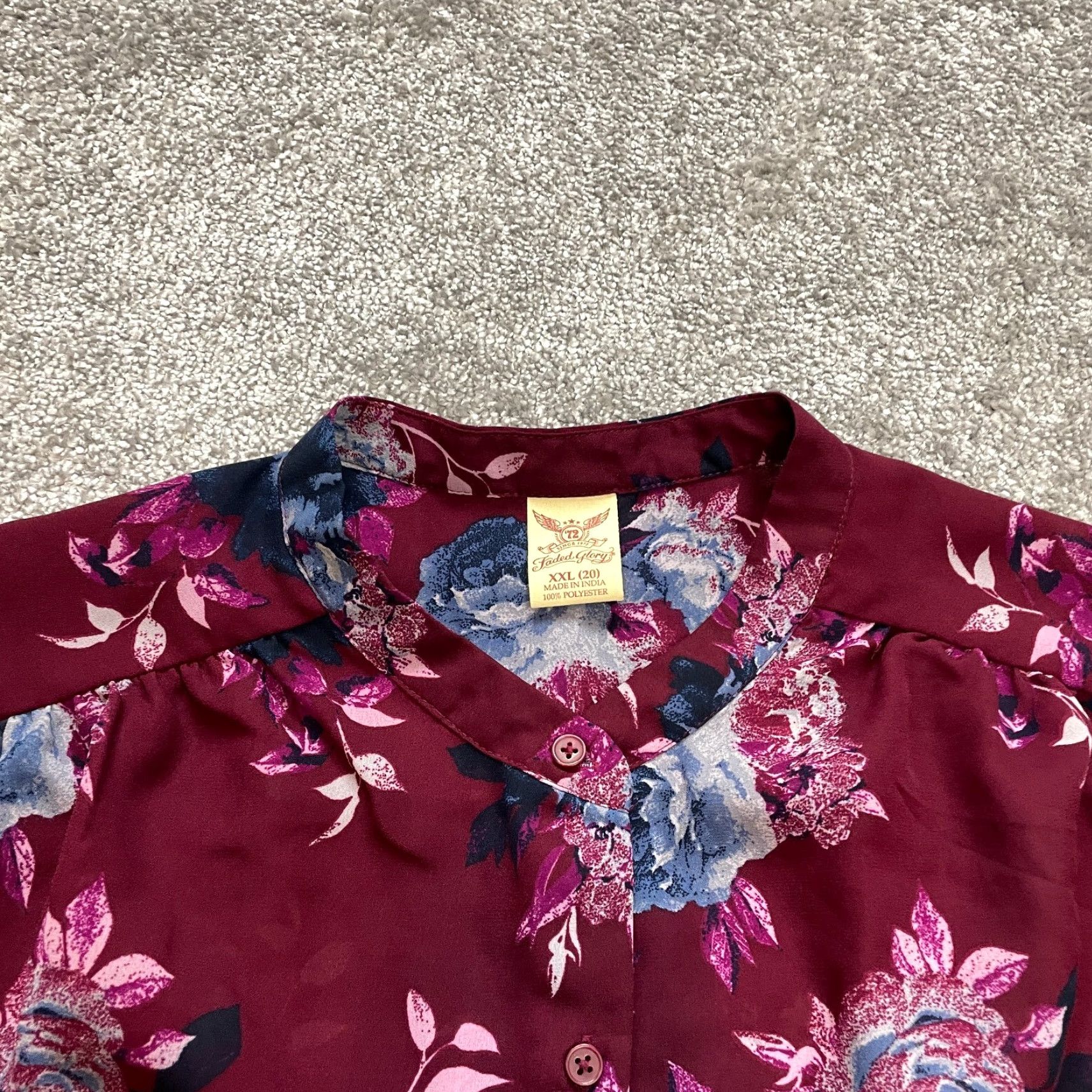 Faded Glory Faded Glory Button-Up Shirt Womens 2XL Purple Floral Top Blouse Long Sleeve Crew Neck Classic Fit Satin Chiffon Polyester Size XXL / US 16-18 / IT 52-54 - 2 Thumbnail