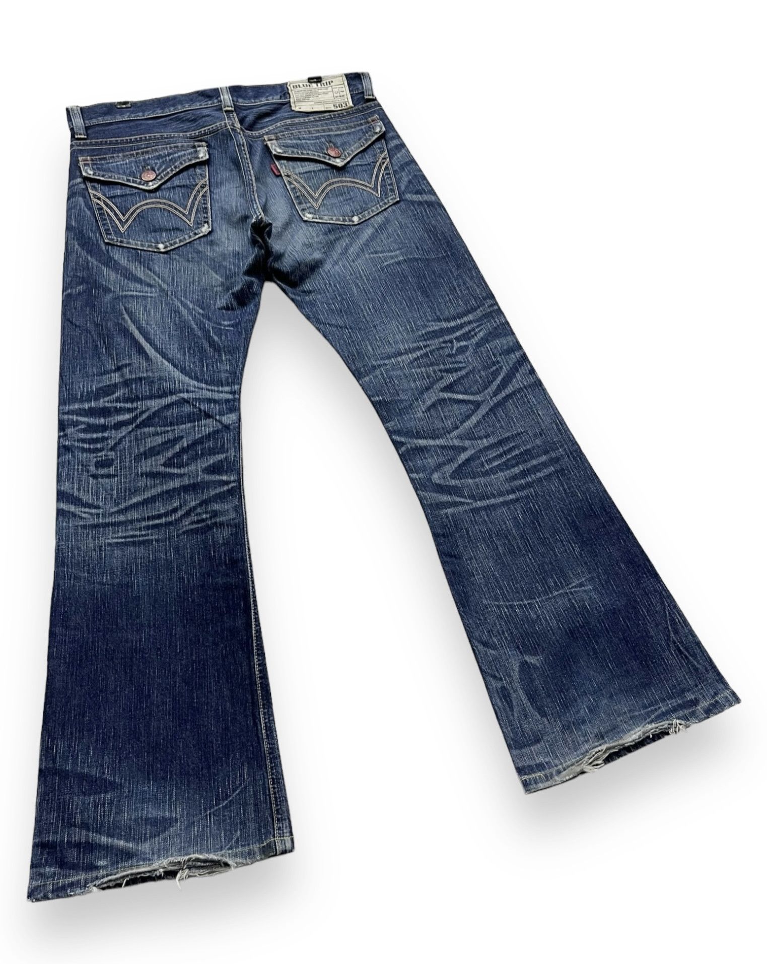 Edwin × Japan Blue × Le Grande Bleu (L.G.B.) 🔥FYE💥EDWIN 503 FLARE BLUETRIP Distressed Raw Blue Japan🔥 Size US 34 / EU 50 - 7 Thumbnail