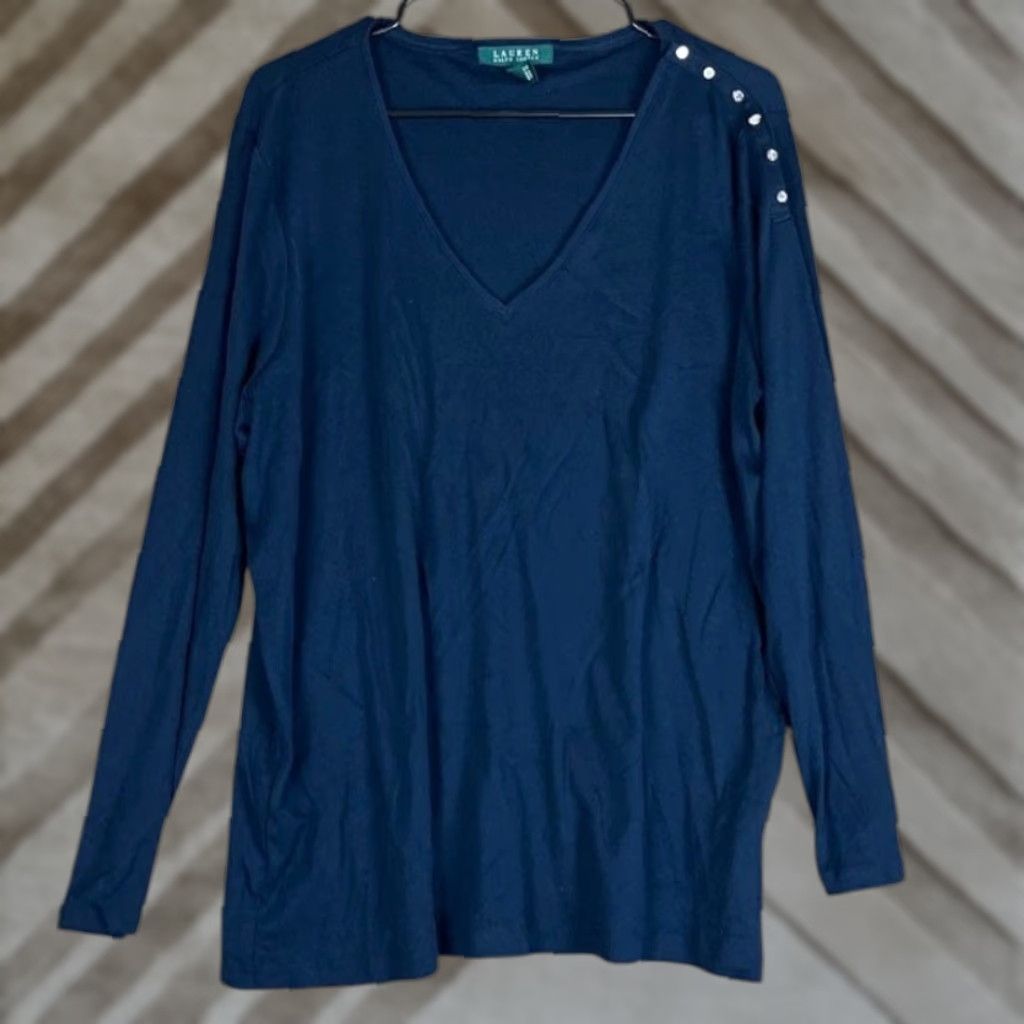 Ralph Lauren Lauren Ralph Lauren Womens Shirt Blue V Neck Thin Long Sleeve 2X 100% Cotton Button Pullover Casual Workwear FALL SPRING WINTER Ladies Size XXL / US 16-18 / IT 52-54 - 1 Thumbnail