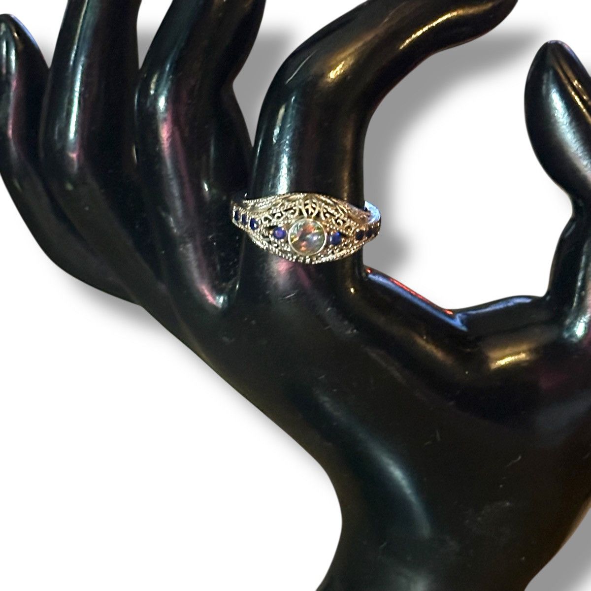 Vintage Vintage silver tone AB and blue rhinestone filigree ring Size ONE SIZE - 2 Thumbnail