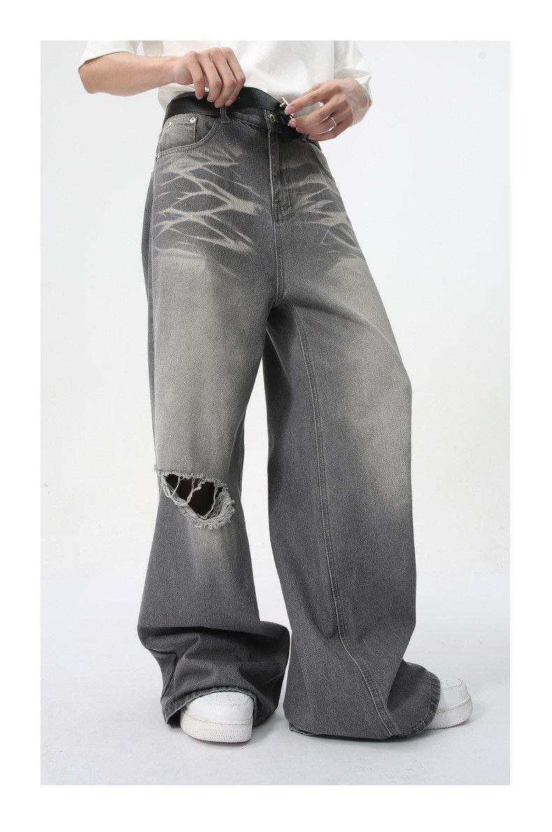 Custom Faded Gray ripped Loose jeans