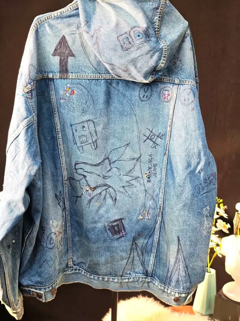 Balenciaga Balenciaga Rhinestone graffiti distressed hooded denim jac Size US M / EU 48-50 / 2 - 6 Thumbnail