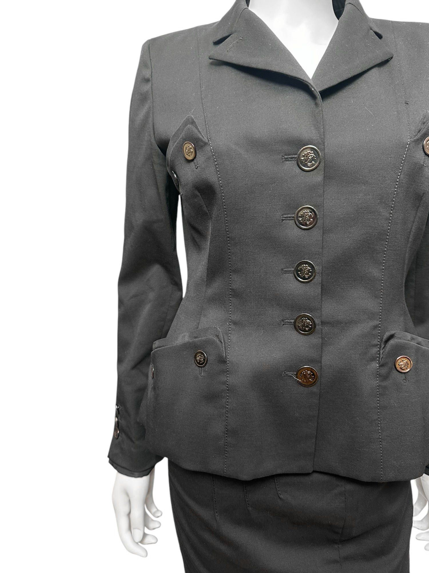 Roberto Cavalli S/S 2008 Buttoned Pockets Wool Black Tailleur Size M / US 6-8 / IT 42-44 - 6 Thumbnail