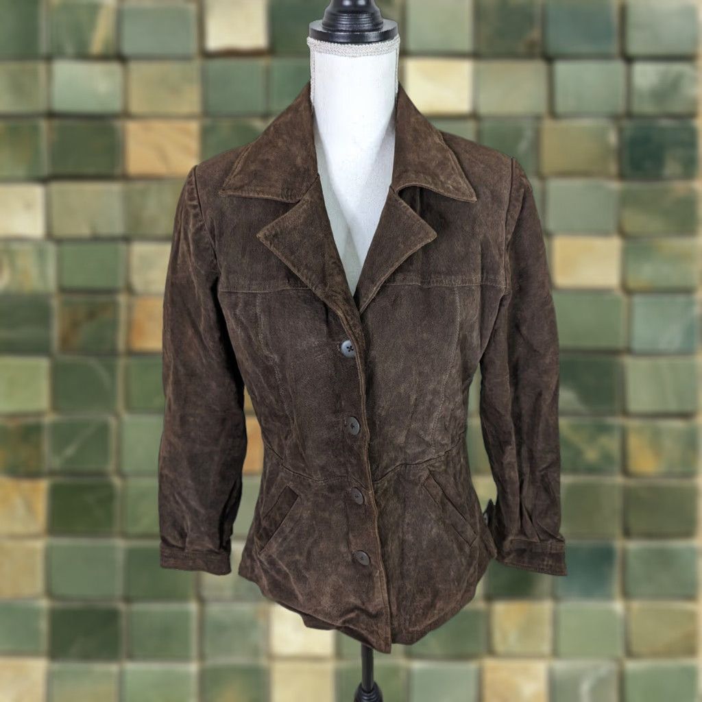 VINTAGE Women's Brown Suede Leather Coat Blazer Jacket Medium Jacket Brown Suede 90s Style Mens? Wait.