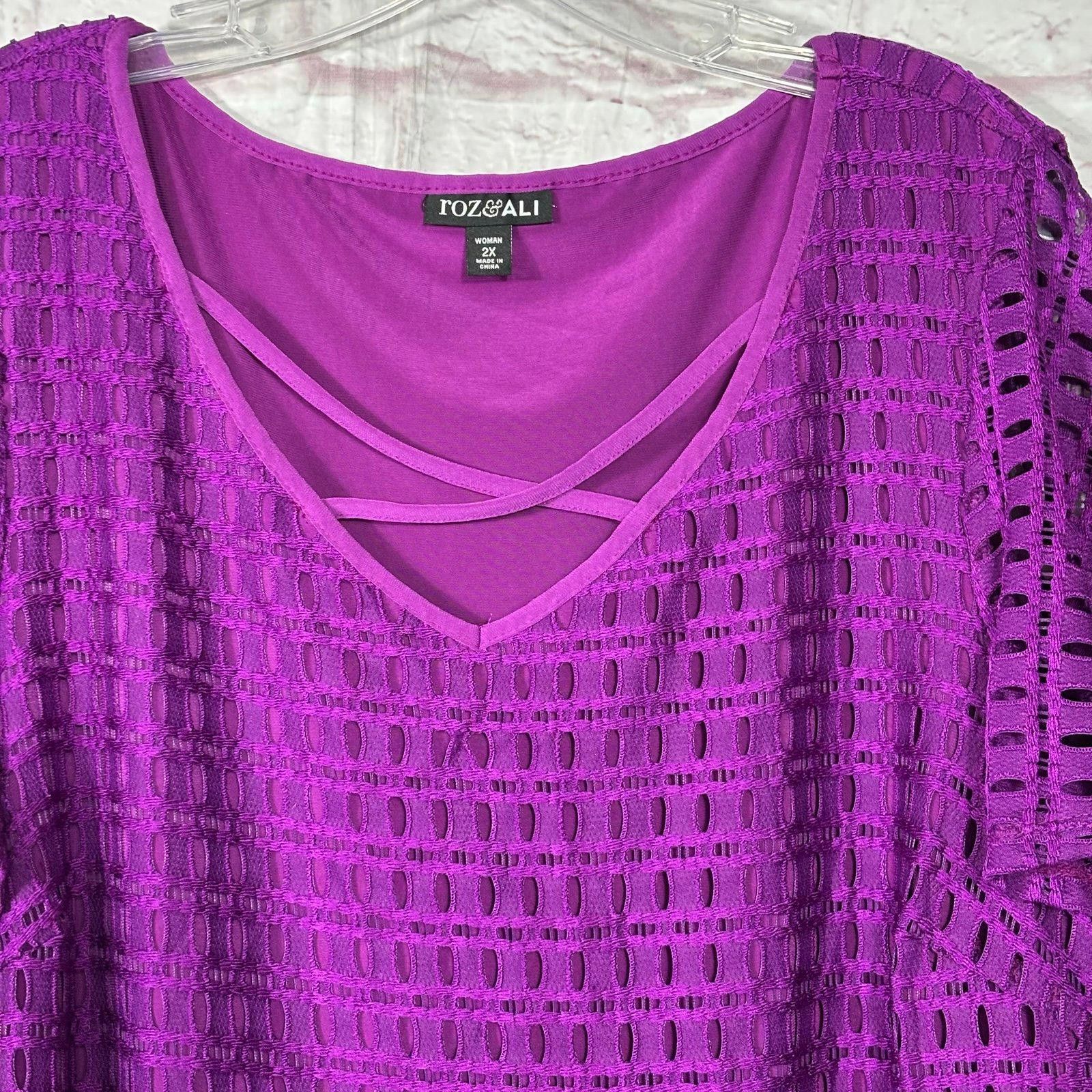 Other Roz & Ali Purple Crochet Short Sleeve Top Size 2X Size XXL / US 16-18 / IT 52-54 - 2 Thumbnail