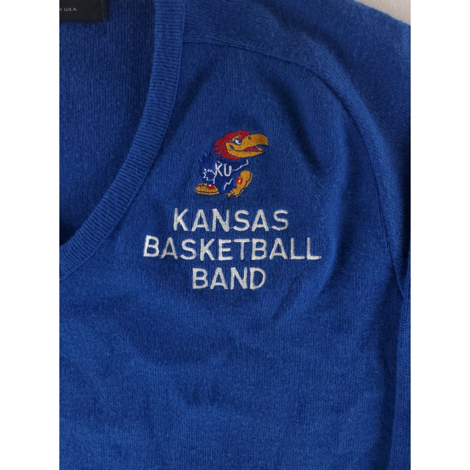 Vintage VTG Kansas Basketball Band Sweater Pine State Blue Mens L V Neck Pullover State Popular 80s Decade Men Size US L / EU 52-54 / 3 - 2 Thumbnail