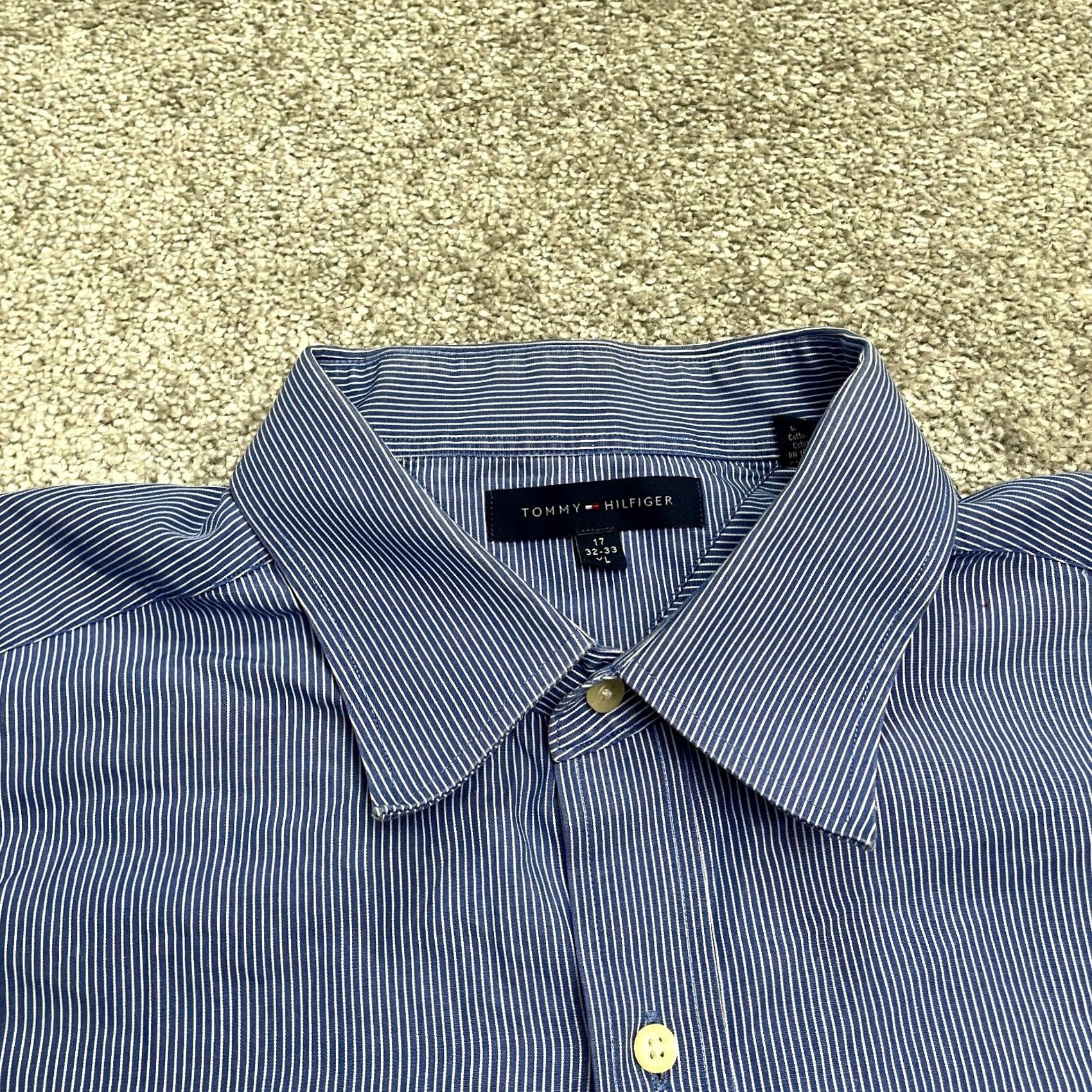 Tommy Hilfiger Tommy Hilfiger Dress Shirt Mens XXL Blue Pinstripe Cotton Button-Down 17 32-33/Long Sleeve, Regular Fit, Classic Workwear Size 46R - 3 Thumbnail