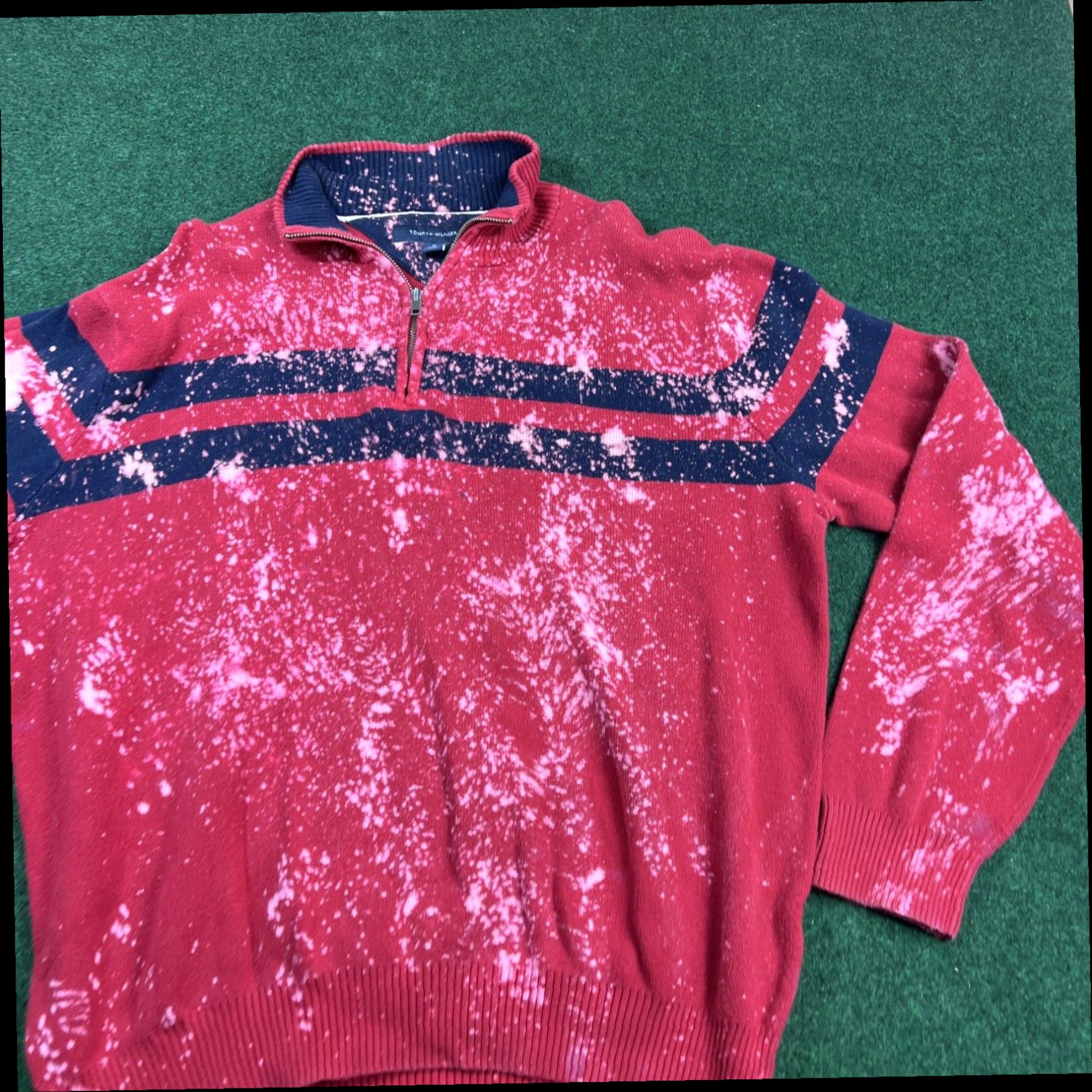 Tommy Hilfiger Custom Bleached Dyed Tommy Hilfiger Logo Red Stripe Quarter Zip Sweater Men's XL Size US XL / EU 56 / 4 - 3 Thumbnail