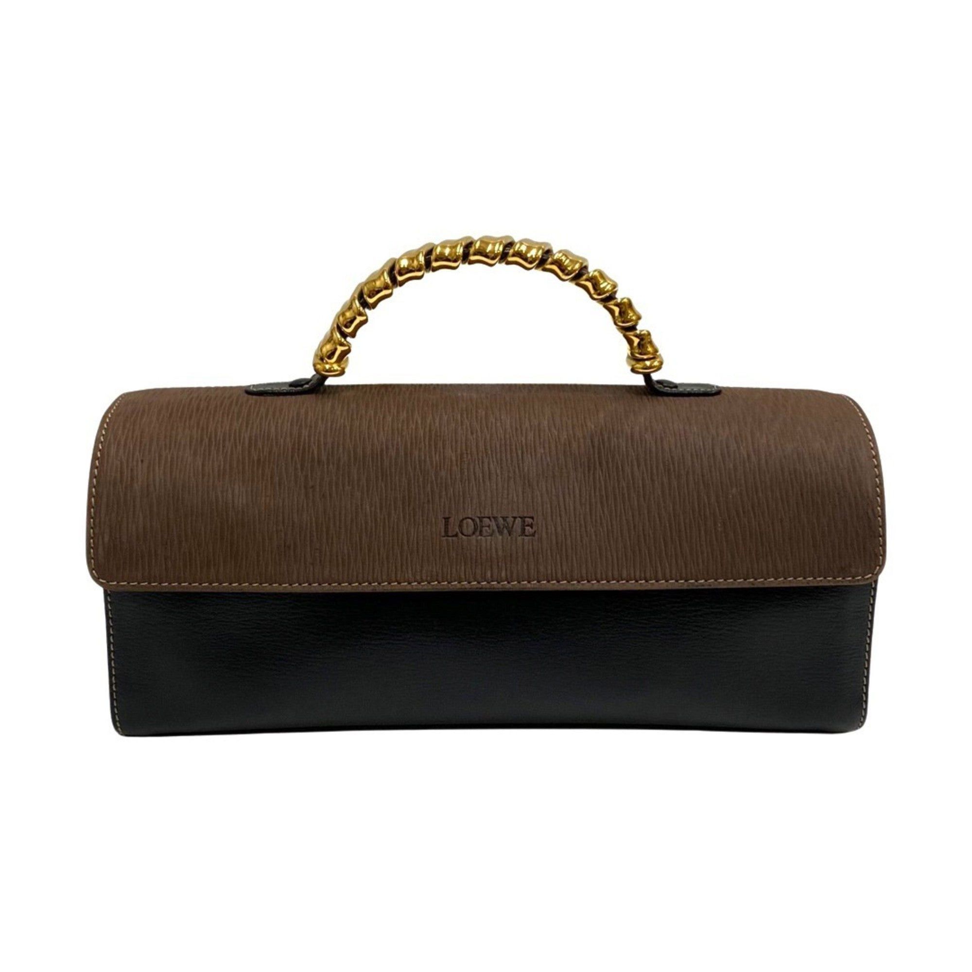image of Loewe Velasquez Twist Handle Logo Leather Genuine Handbag Mini Boston Bag Brown, Women's