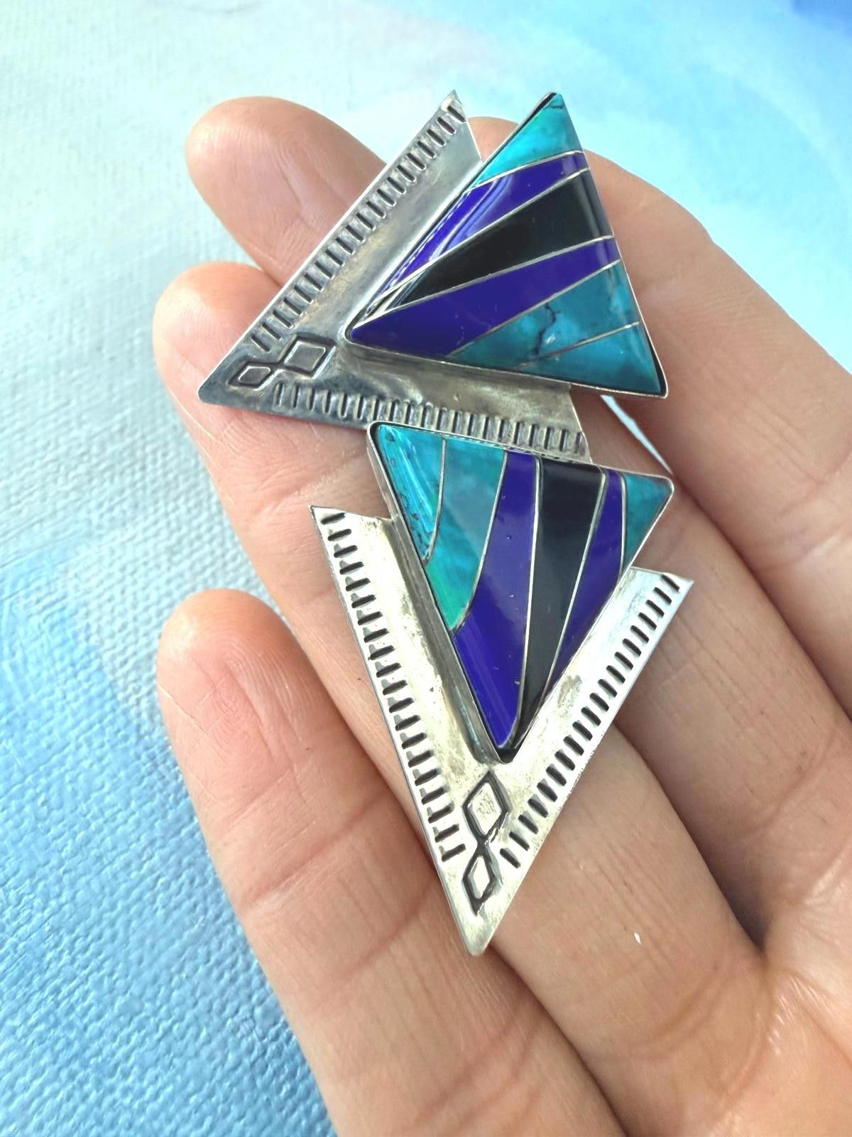 Other Sterling Inlay Triangle Earrings Lapis Turquoise SW Size ONE SIZE - 7 Thumbnail