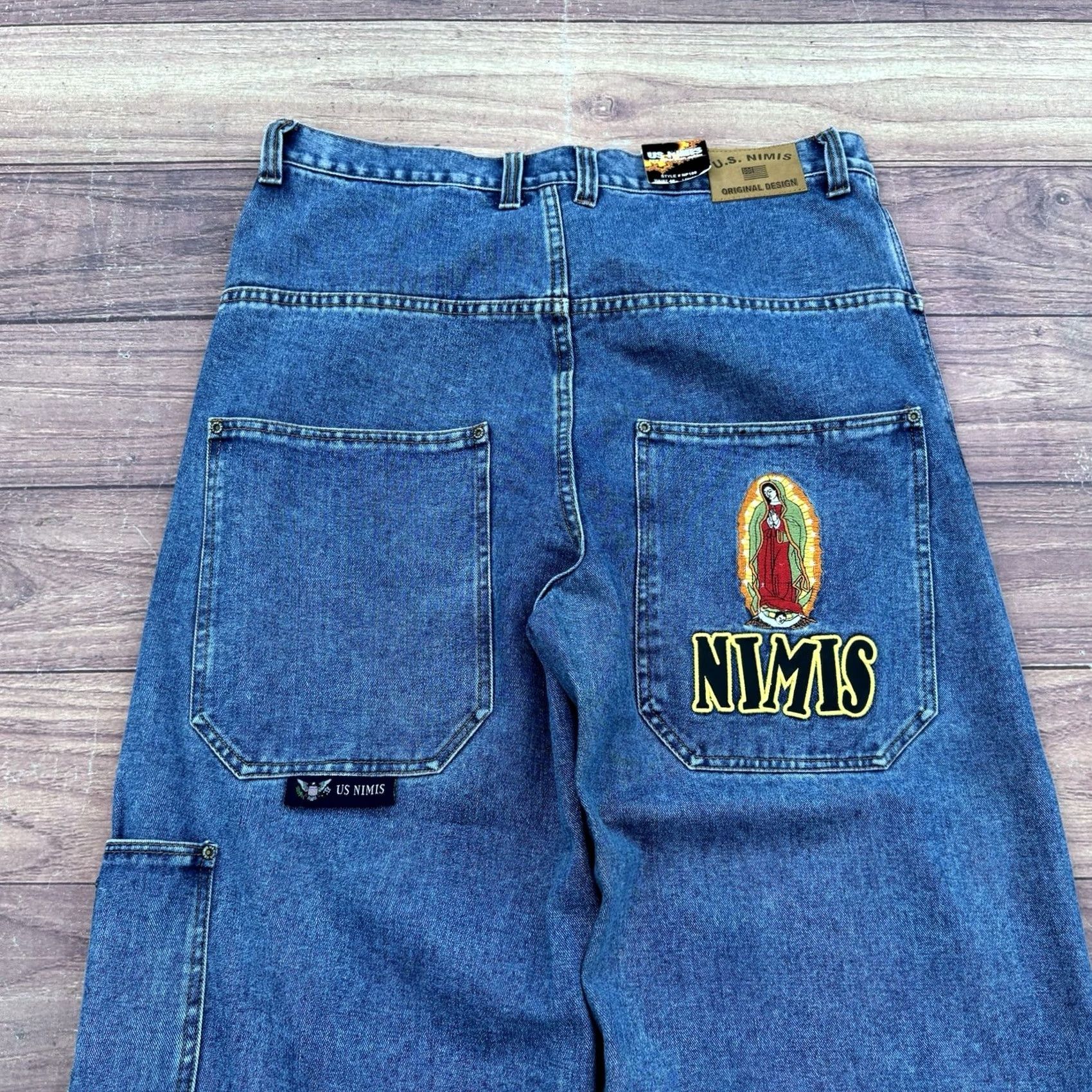 JNCO VINTAGE Nimis Virgin Mary Blue Jeans Jnco Style Wide Leg Mens Size 40x28 Denim Jeans White Logo 90s Grunge Hip Hop Y2K Boys Mens Size US 40 / EU 56 - 6 Thumbnail