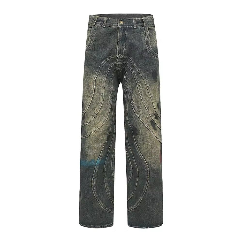 Jean × Vintage Patchwork Design Washed Trendy Graffiti Straight Jeans Size US 34 / EU 50 - 4 Thumbnail