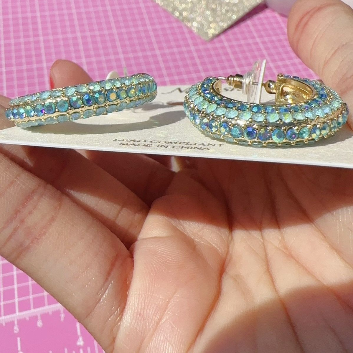 Designer Natasha gold tone Water Blue diamonds paved open loop circle Size ONE SIZE - 2 Thumbnail