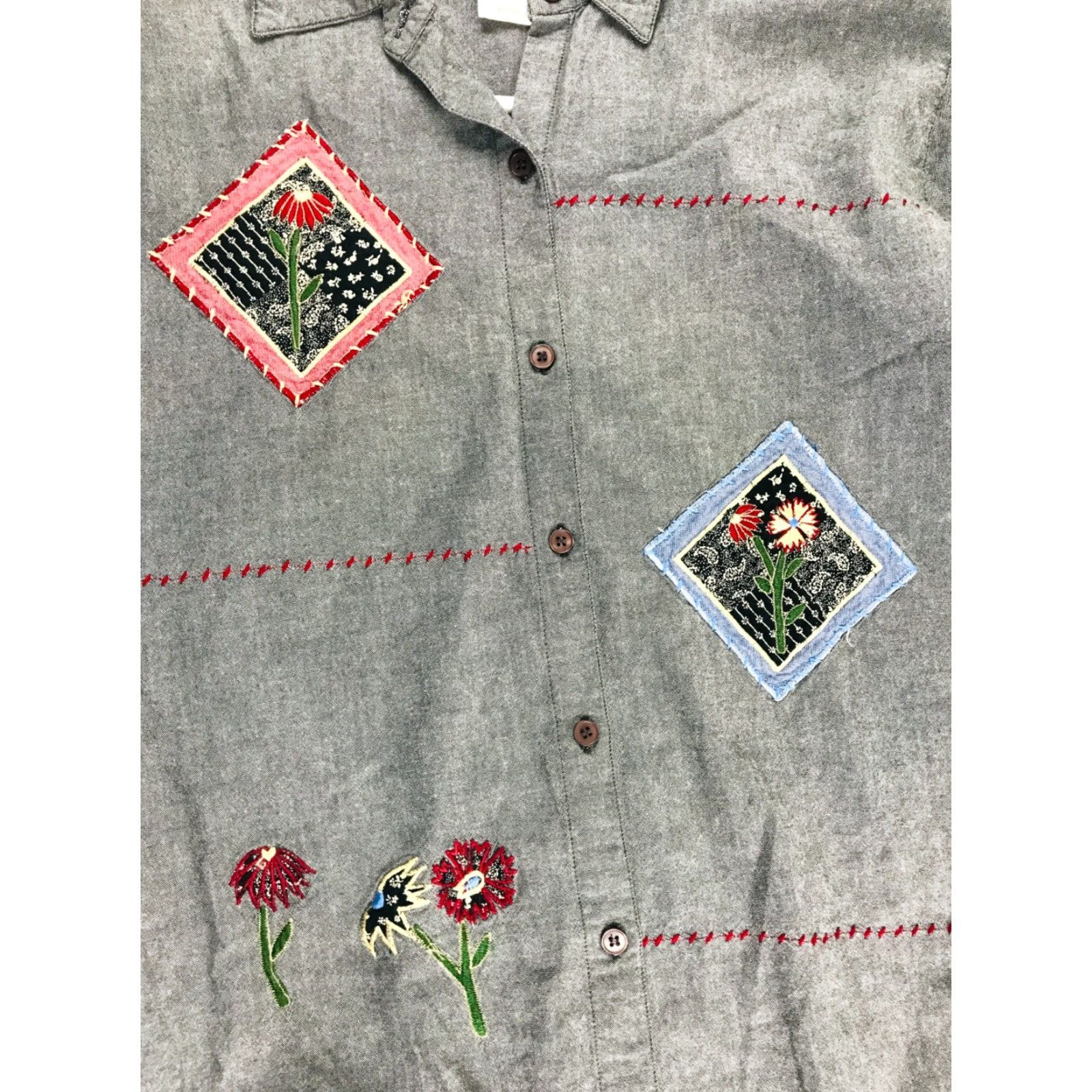 Vintage Bobbie Brooks Shirt Womens Size M Gray Embroidered Floral Patches Button Up Size M / US 6-8 / IT 42-44 - 3 Thumbnail