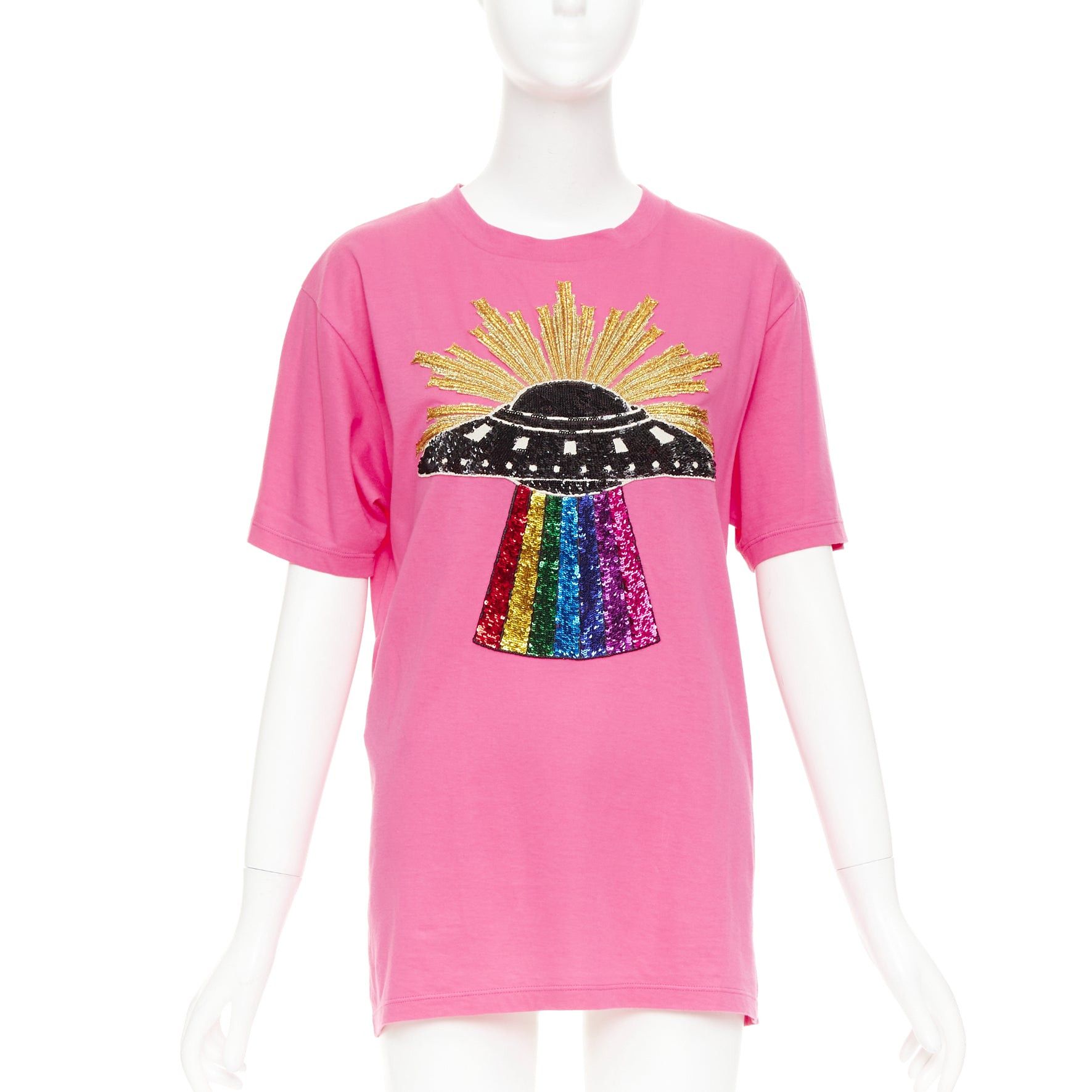 Gucci GUCCI 2017 pink cotton multicolor sequin UFO rainbow graphic t-shirt XS Size XS / US 0-2 / IT 36-38 - 1 Thumbnail
