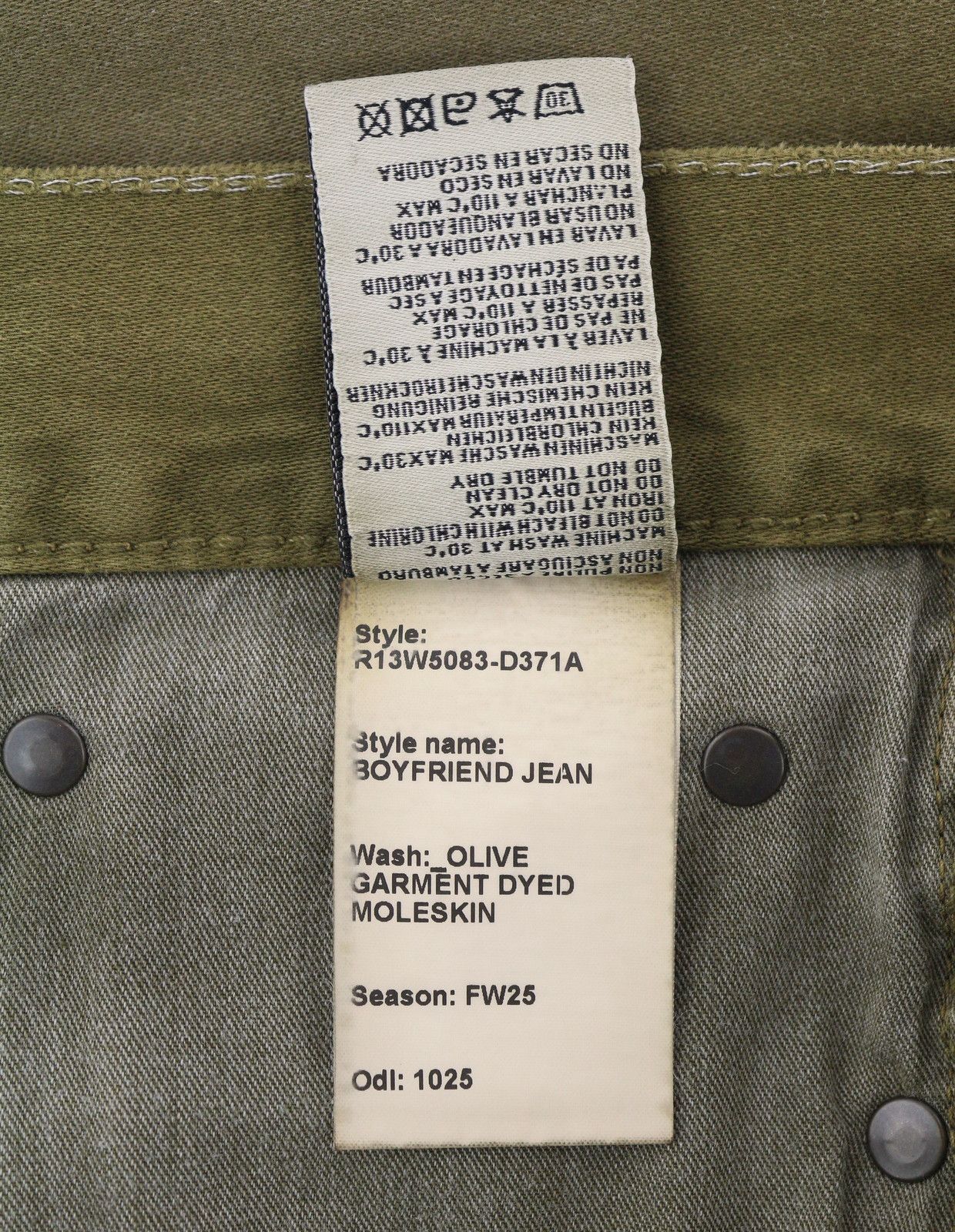 R13 BOYFRIEND 27 Olive Garment Dyed Moleskin Faded FW25 86611 Size 27" / US 4 / IT 40 - 9 Thumbnail