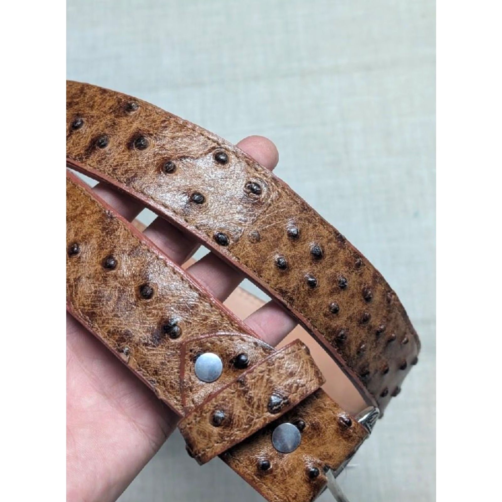 Vintage VINTAGE leather belt Ostrich print brown Western 40 belt Men Ostrich COWBOY rodeo leather lined Buckle removable buckle Size 40 - 2 Thumbnail