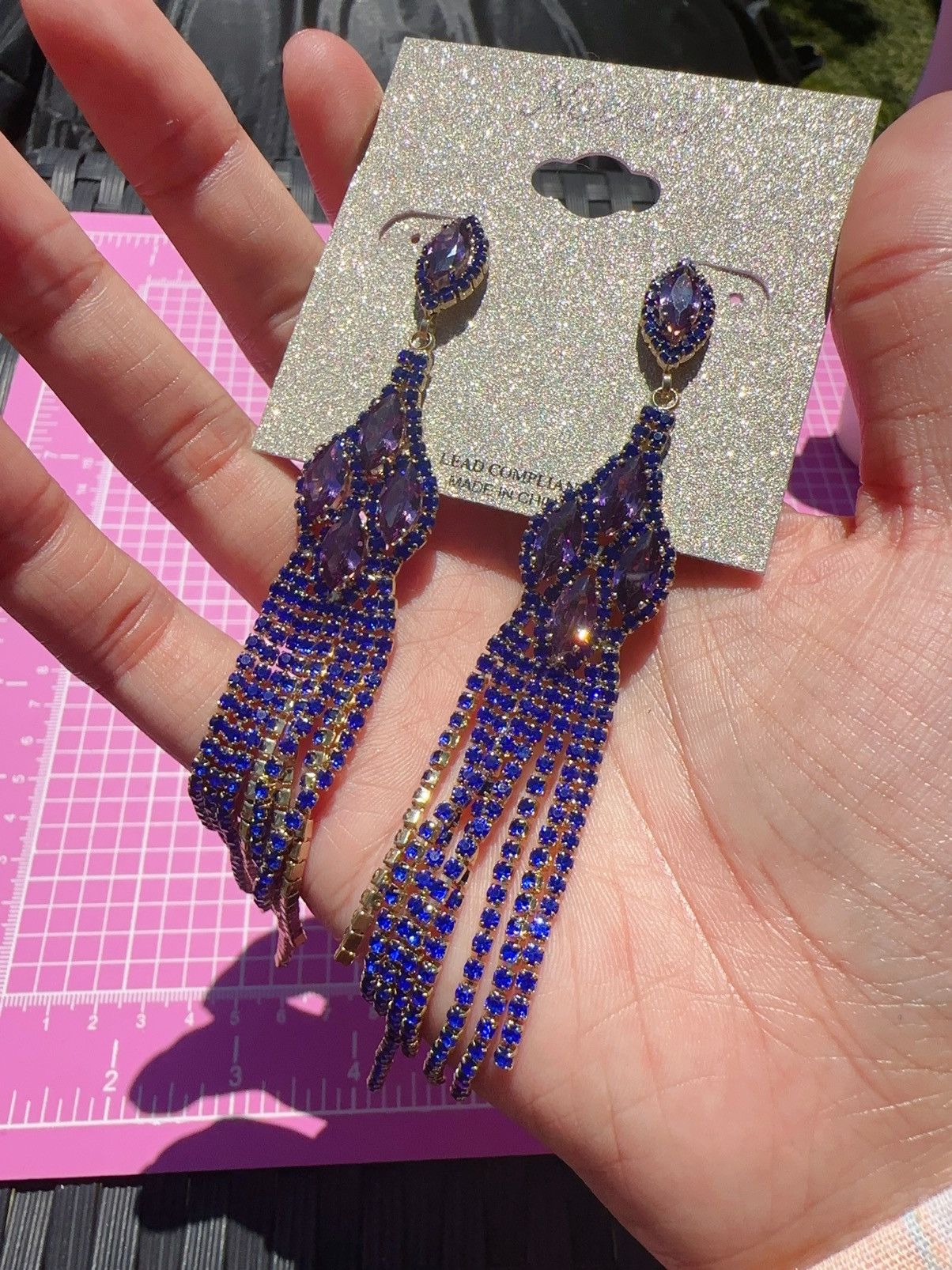 Designer Natasha gold tone dark blue crystal tassel earrings drops Size ONE SIZE - 3 Thumbnail