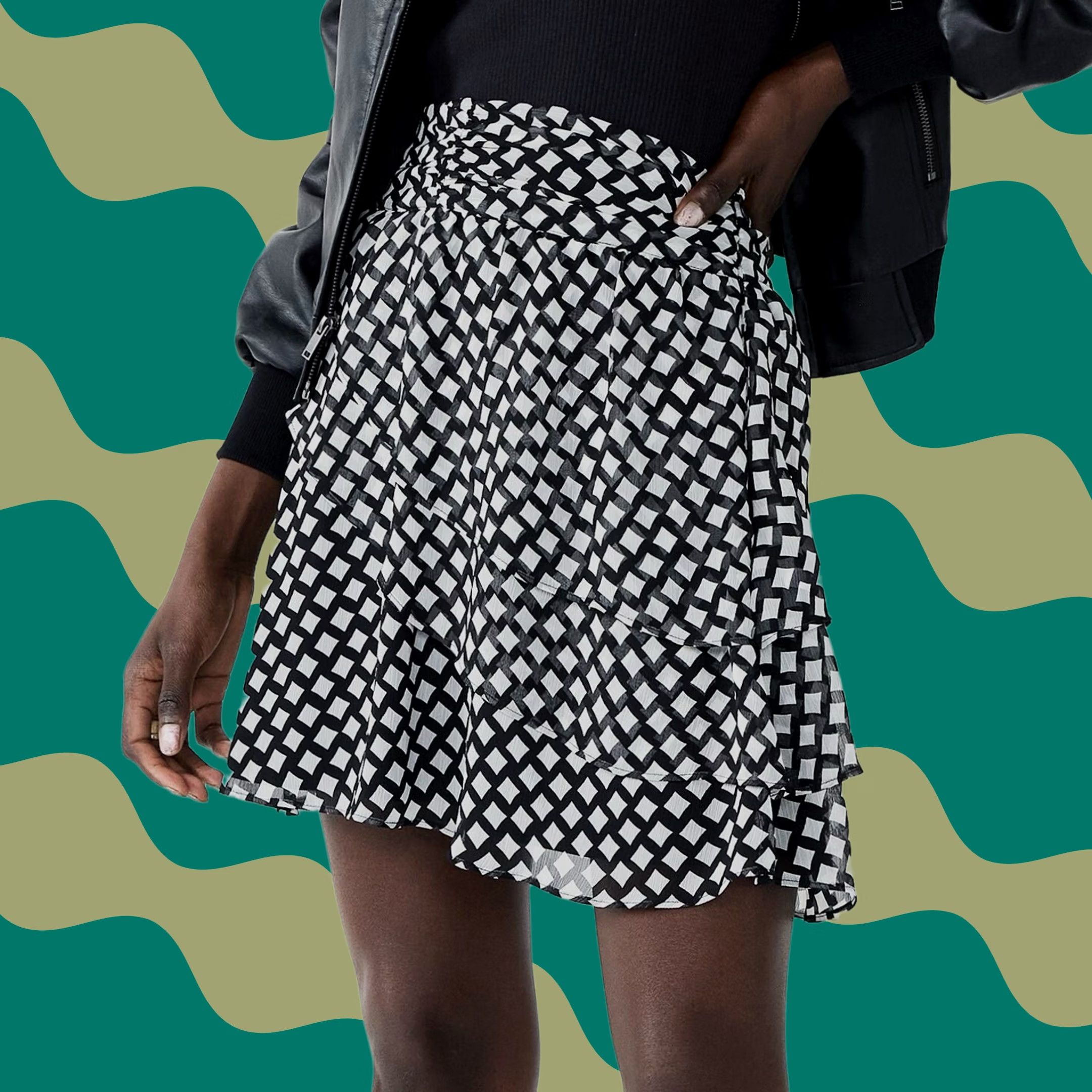Nine West Nine West Women Mini Skirt M High Rise Diagonal Squares Black/White Ruffle Zipper Casual City Mod Vintage: No Size 32" / US 10 / IT 46 - 1 Thumbnail