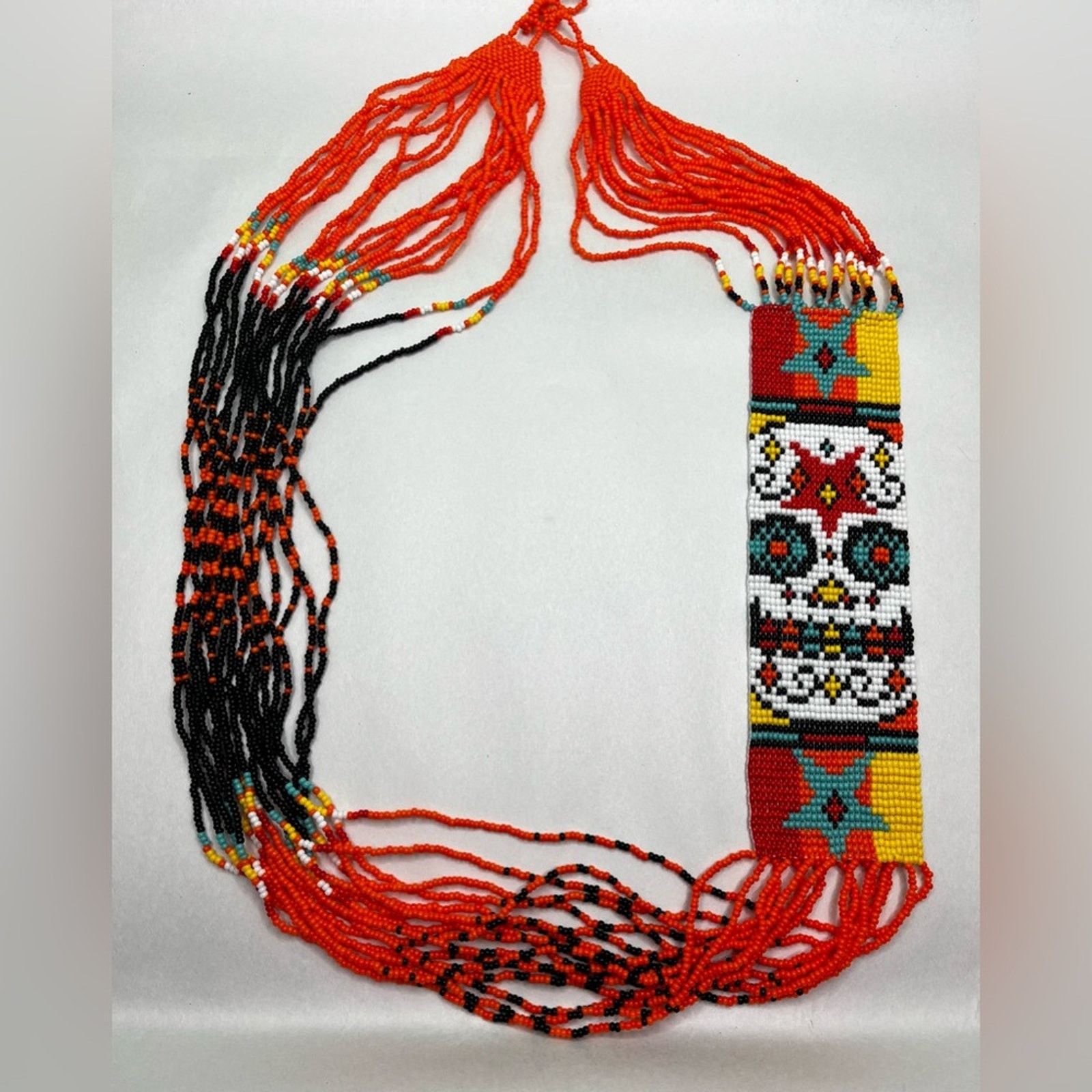 Handmade Groovy Retro Artisan Candy Skull Neon Orange beaded necklace Size ONE SIZE - 1 Thumbnail