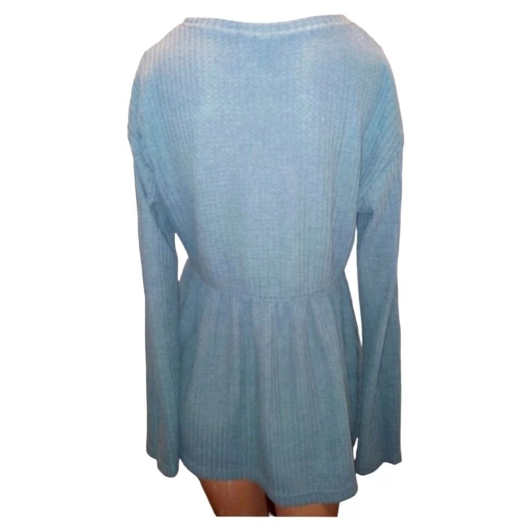 Shein SHEIN Waffle Knit Long Sleeve LARGE Blouse Women Blue Round Neck Cropped Knit Shirt L Size L / US 10 / IT 46 - 3 Thumbnail