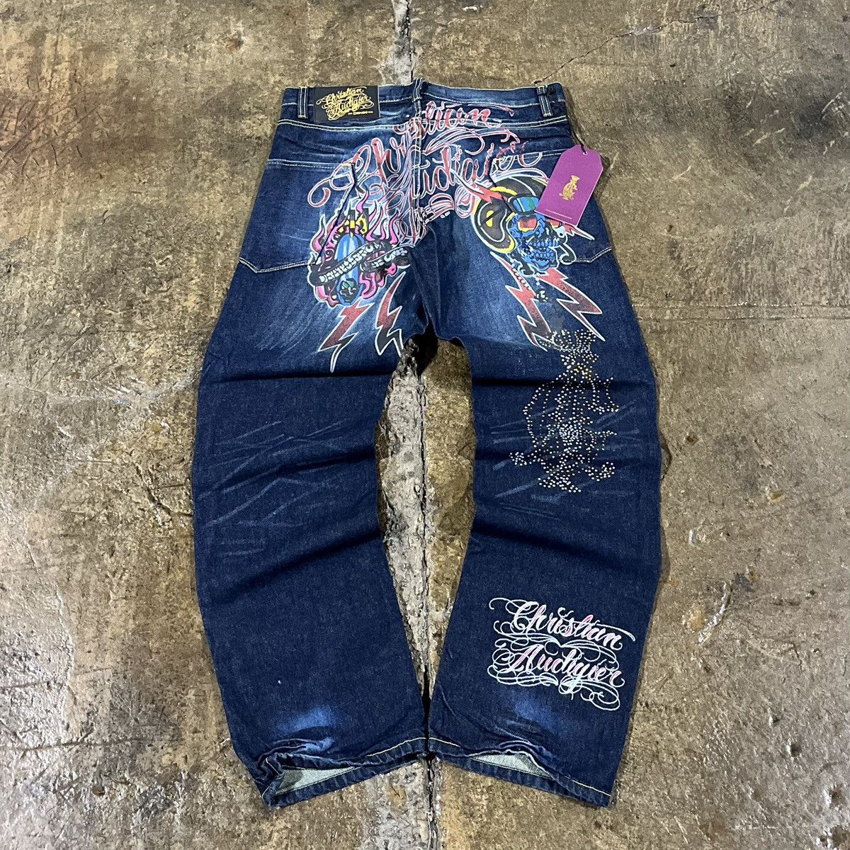 image of Crazy Vintage Y2K Christian Audigier Skull Skater Jeans in Blue, Men's (Size 38)