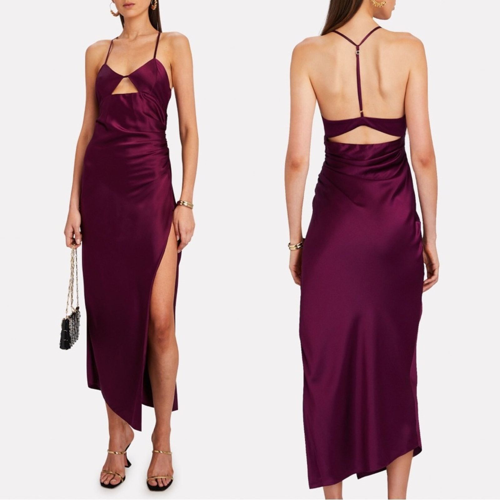 The Sei Ruched Cut Out Silk Midi Dress in Burgundy 2