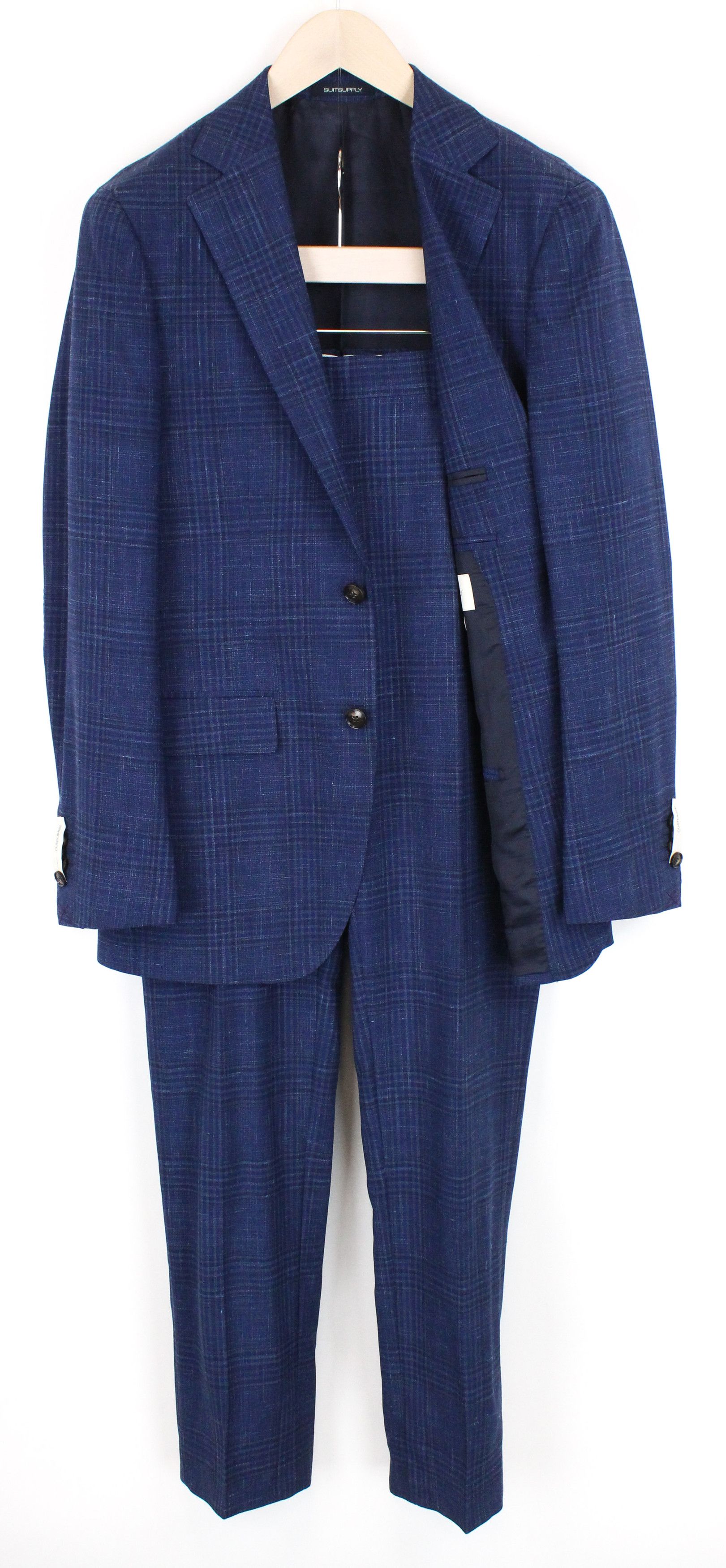Suitsupply HAVANA UK36R Checked Blue Wool Silk Linen Suit 54809 Size 36R - 1 Thumbnail