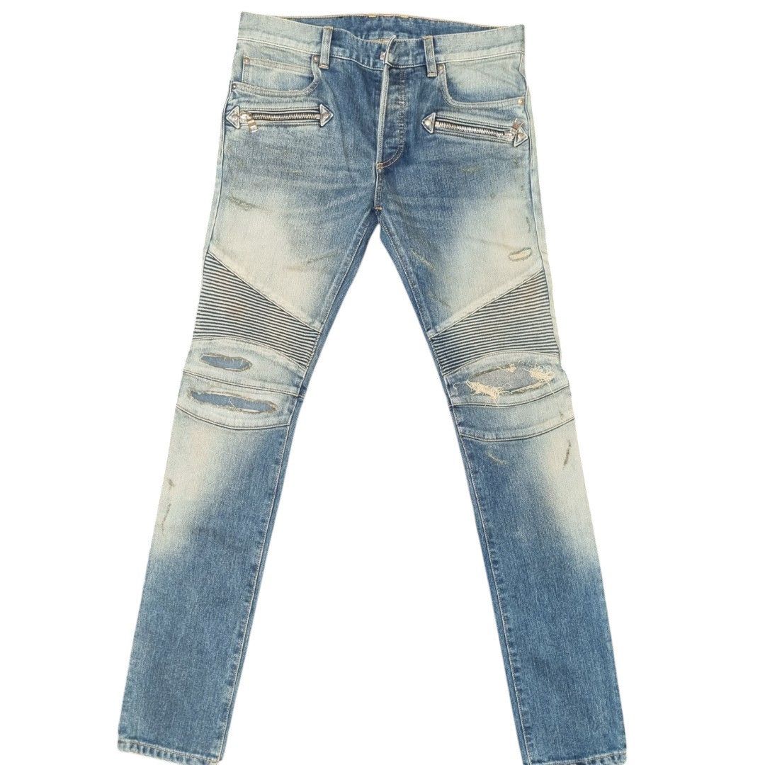 Balmain SS18 BALMAIN Paris Light Wash Distressed Biker Jeans Size US 33 - 1 Thumbnail
