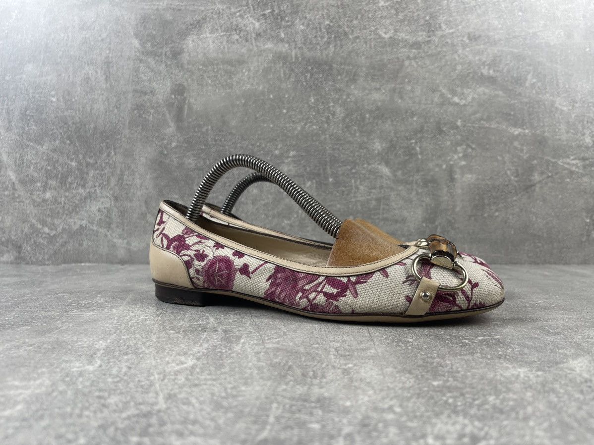 Gucci Gucci Bamboo Floral White/Pink Leather Cotton Flats Shoes Size US 6 / IT 36 - 2 Thumbnail